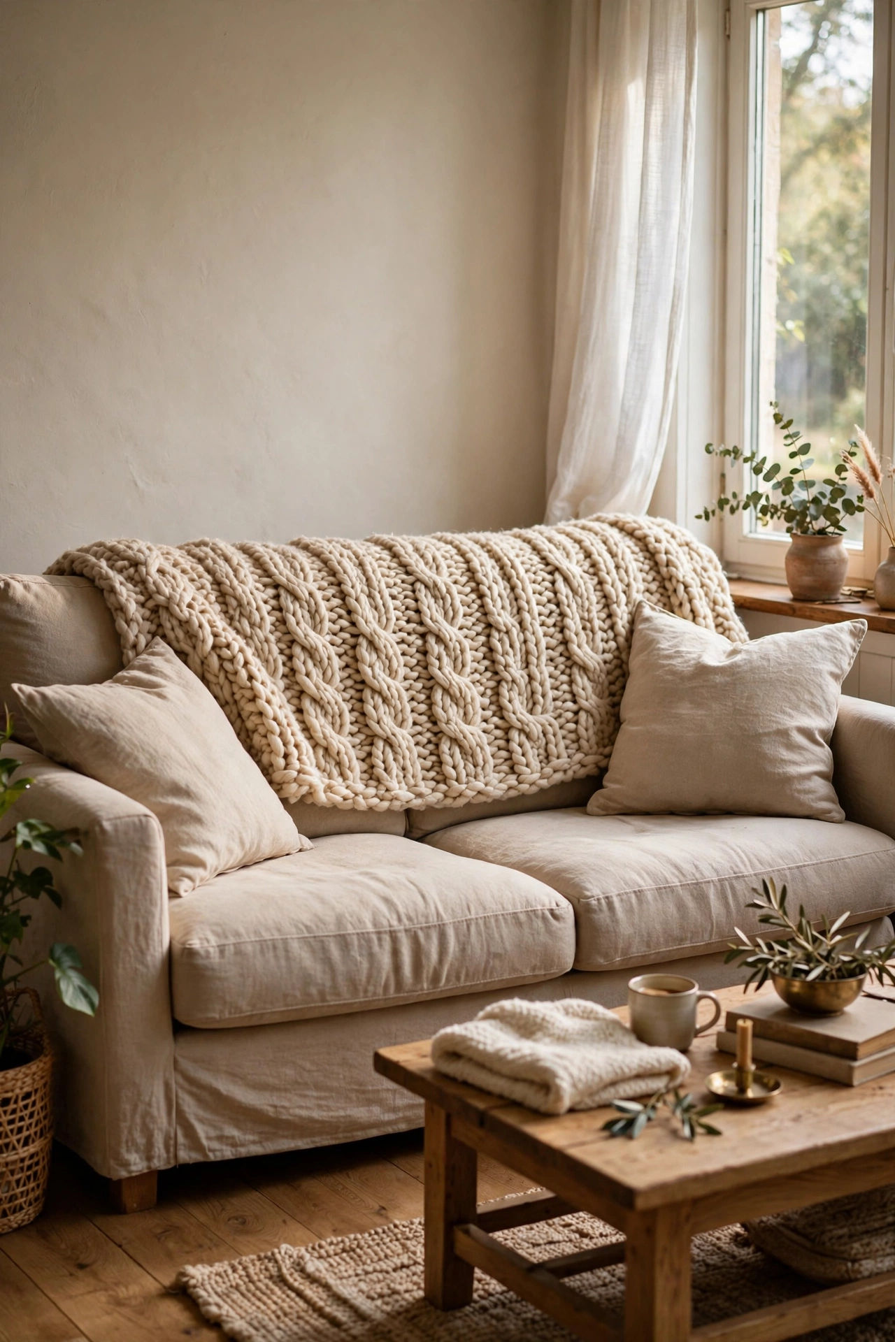 Chunky knit throw draped over the back of a beige sofa