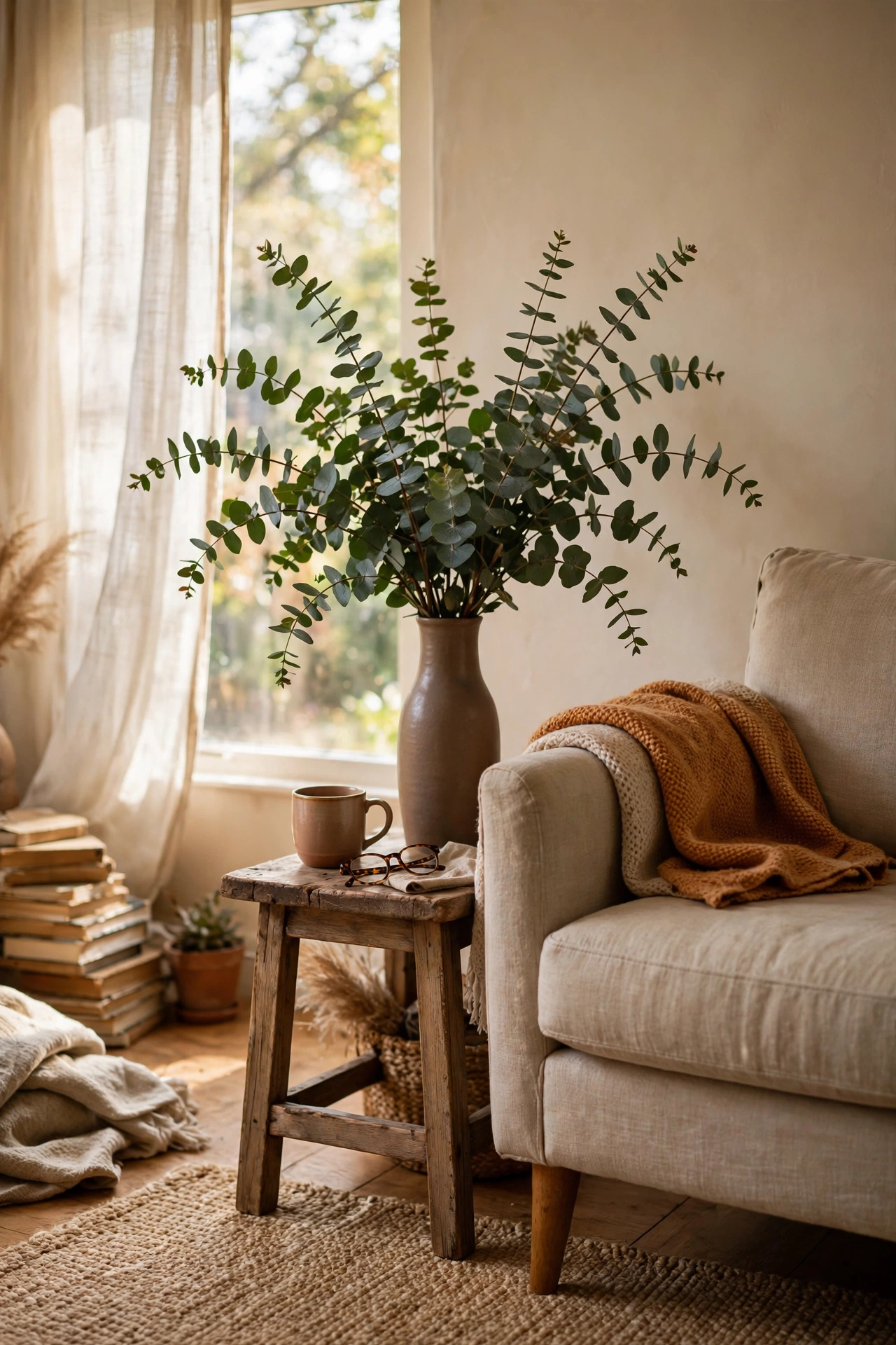 Tall vase with eucalyptus branches beside a living room armchair