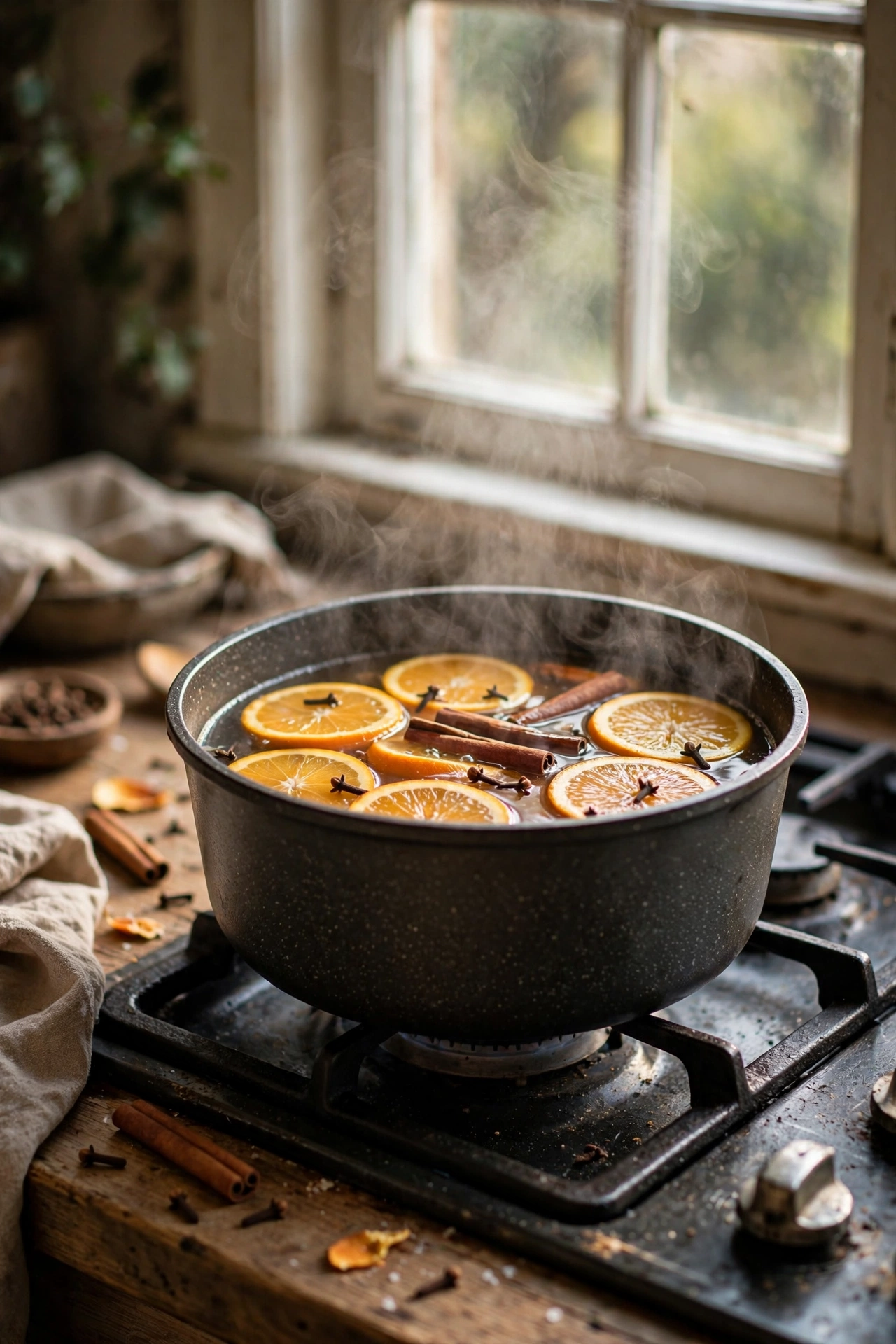 Simmer pot with orange slices and cinnamon on a stove