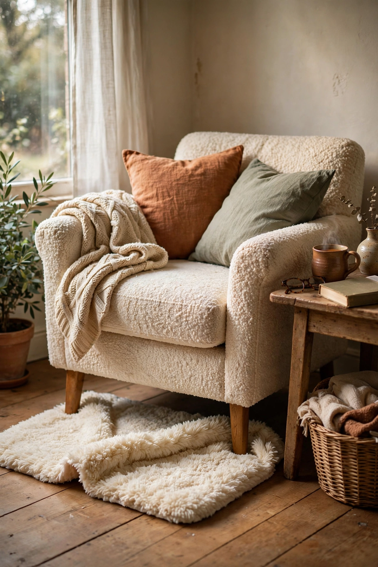 Fluffy cream bath mat placed under the front legs of an armchair