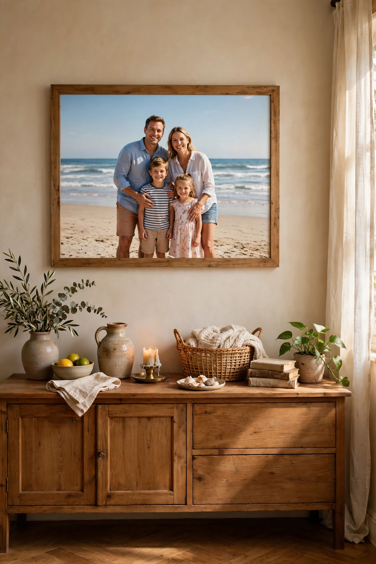 Large framed family beach photo above a living room sideboard