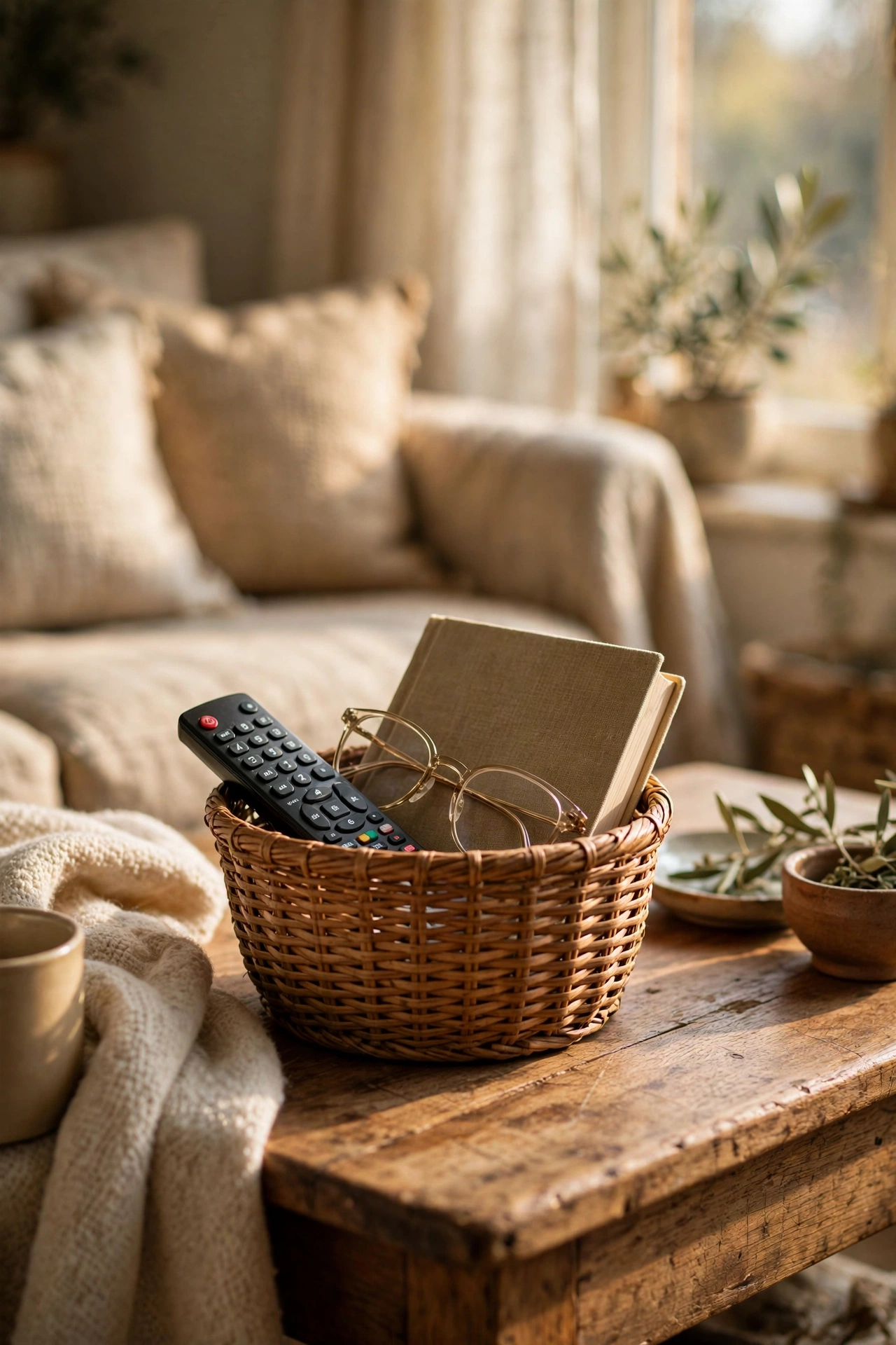 Small woven basket holding remote, book and reading glasses on a side table