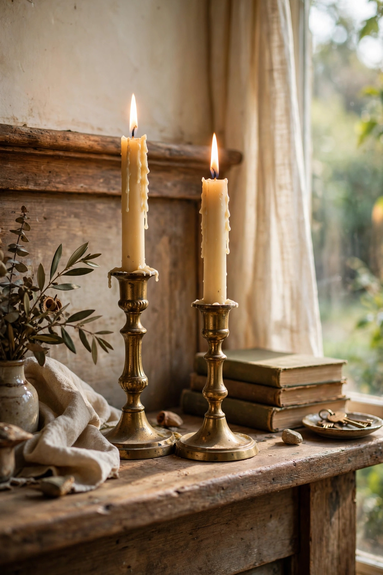 Thrifted brass candlesticks with cream tapers glowing on a mantel