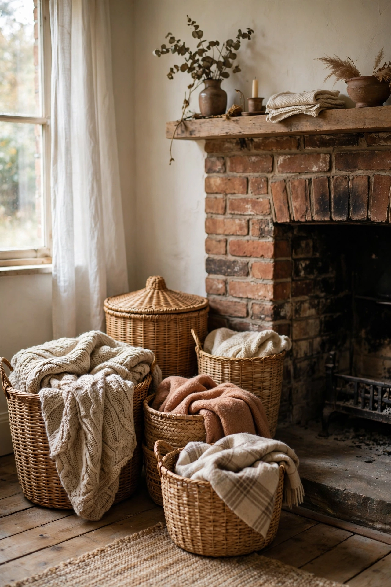 Collection of woven baskets in natural tones beside a fireplace