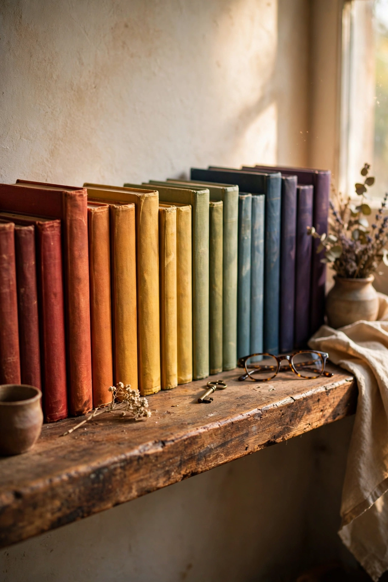 Vintage hardcover books arranged by colour on a wooden shelf