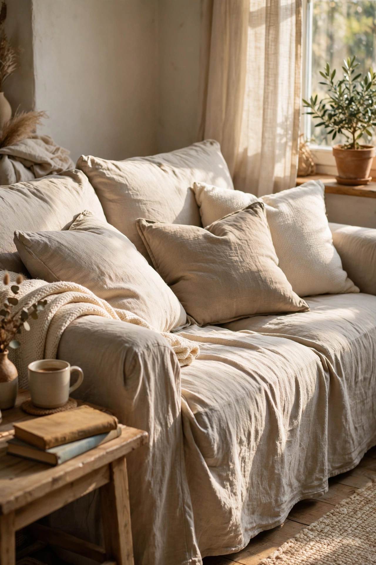 Sofa covered in an oatmeal linen-look stretch slipcover