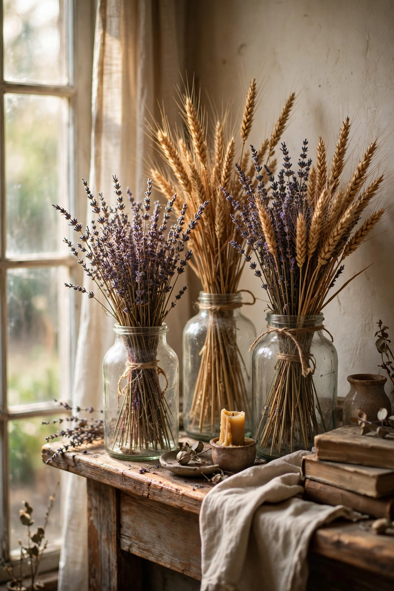 Dried lavender and wheat bundles standing in glass jars on a mantel