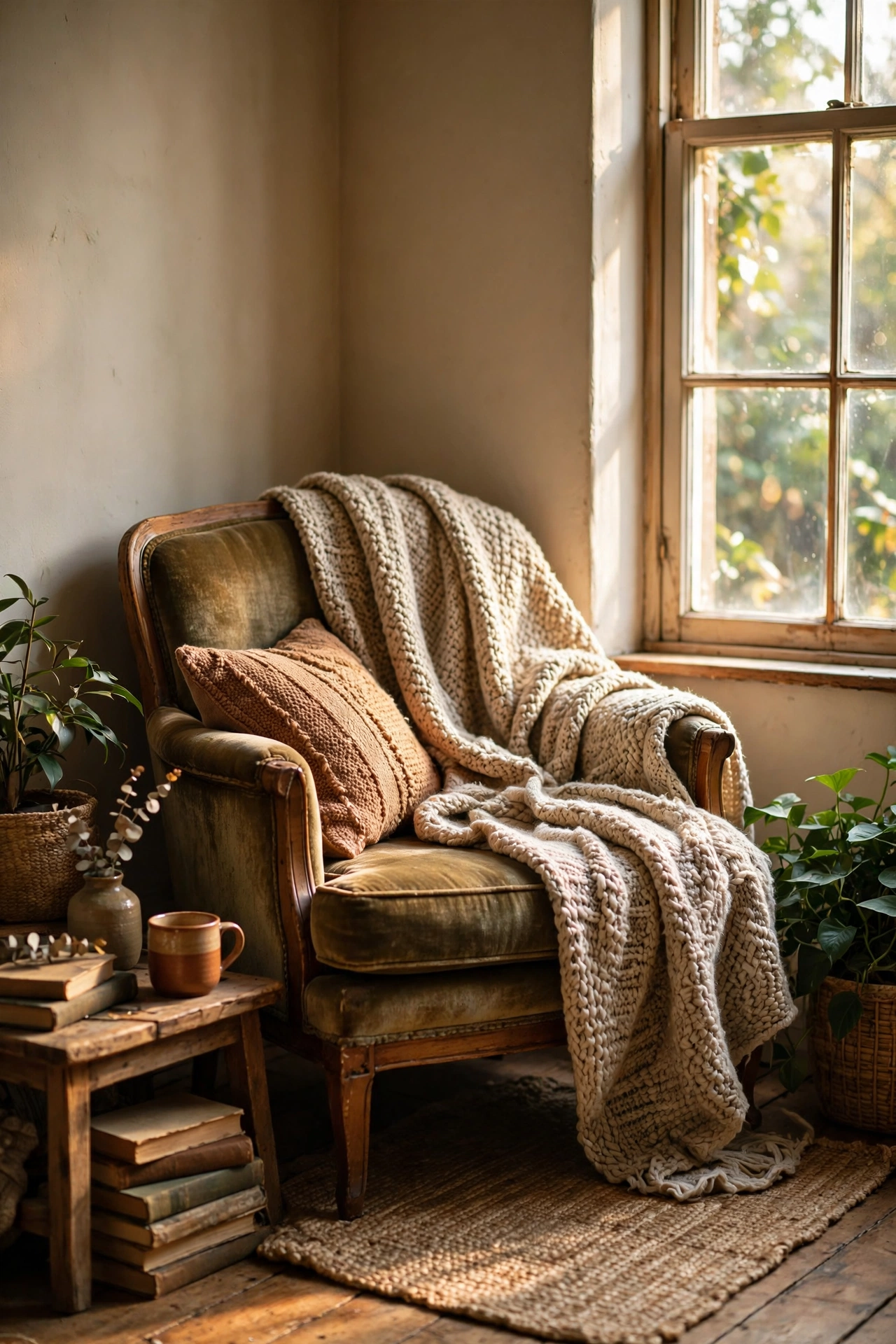 Yard sale armchair disguised with a textured woven throw