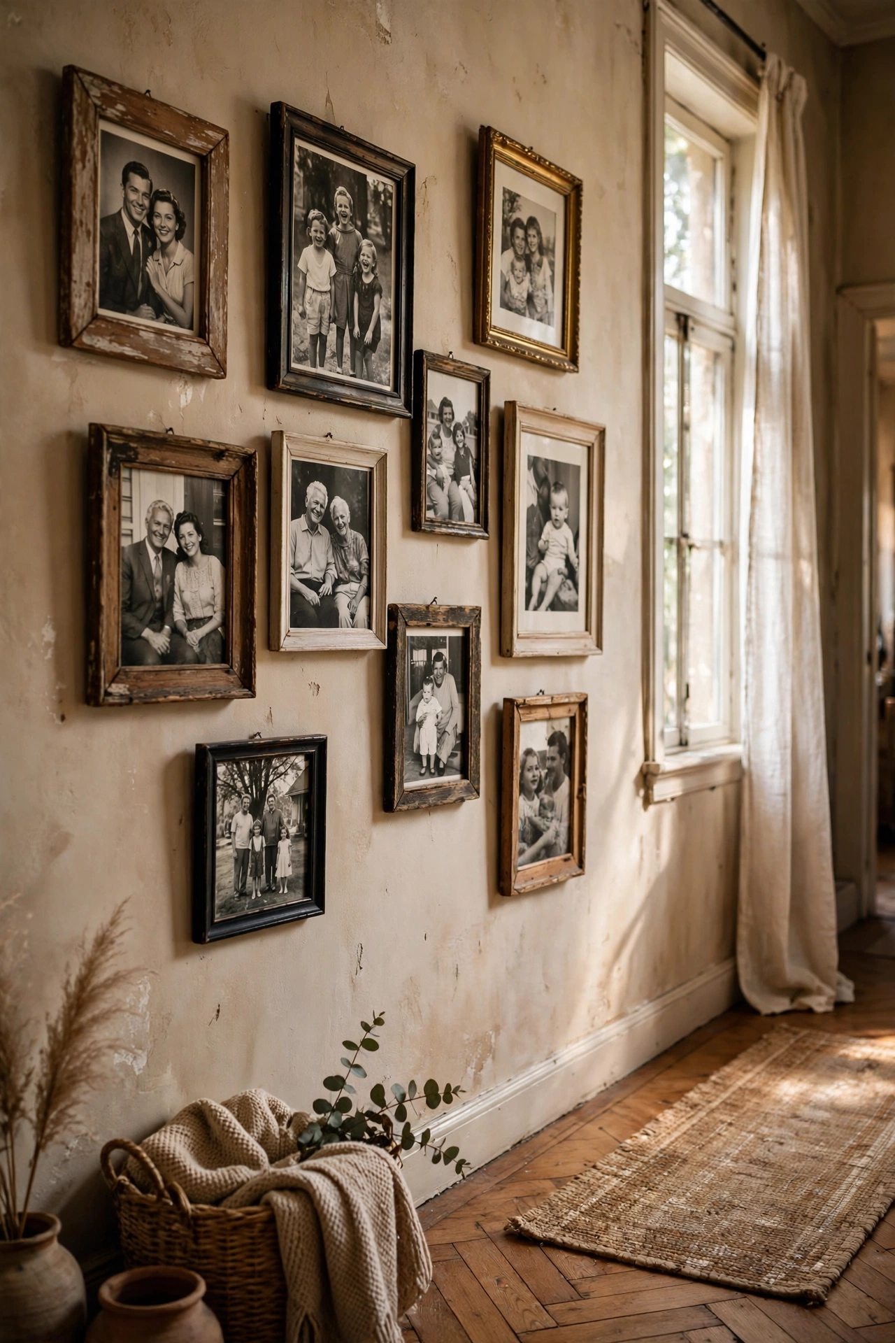 Family photos in mixed thrifted frames along a hallway wall