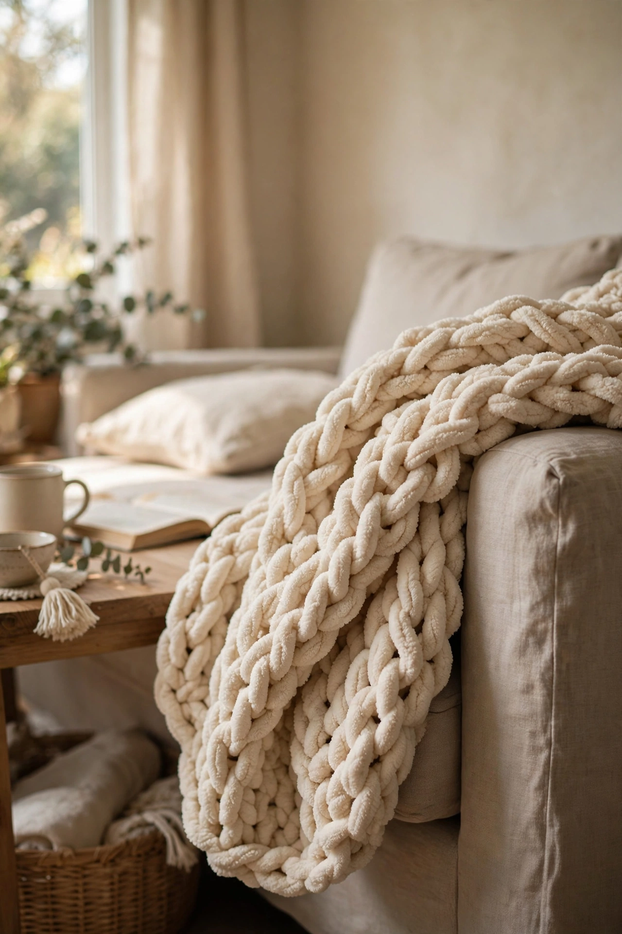 Hand arm-knitted chunky chenille throw draped over a sofa arm