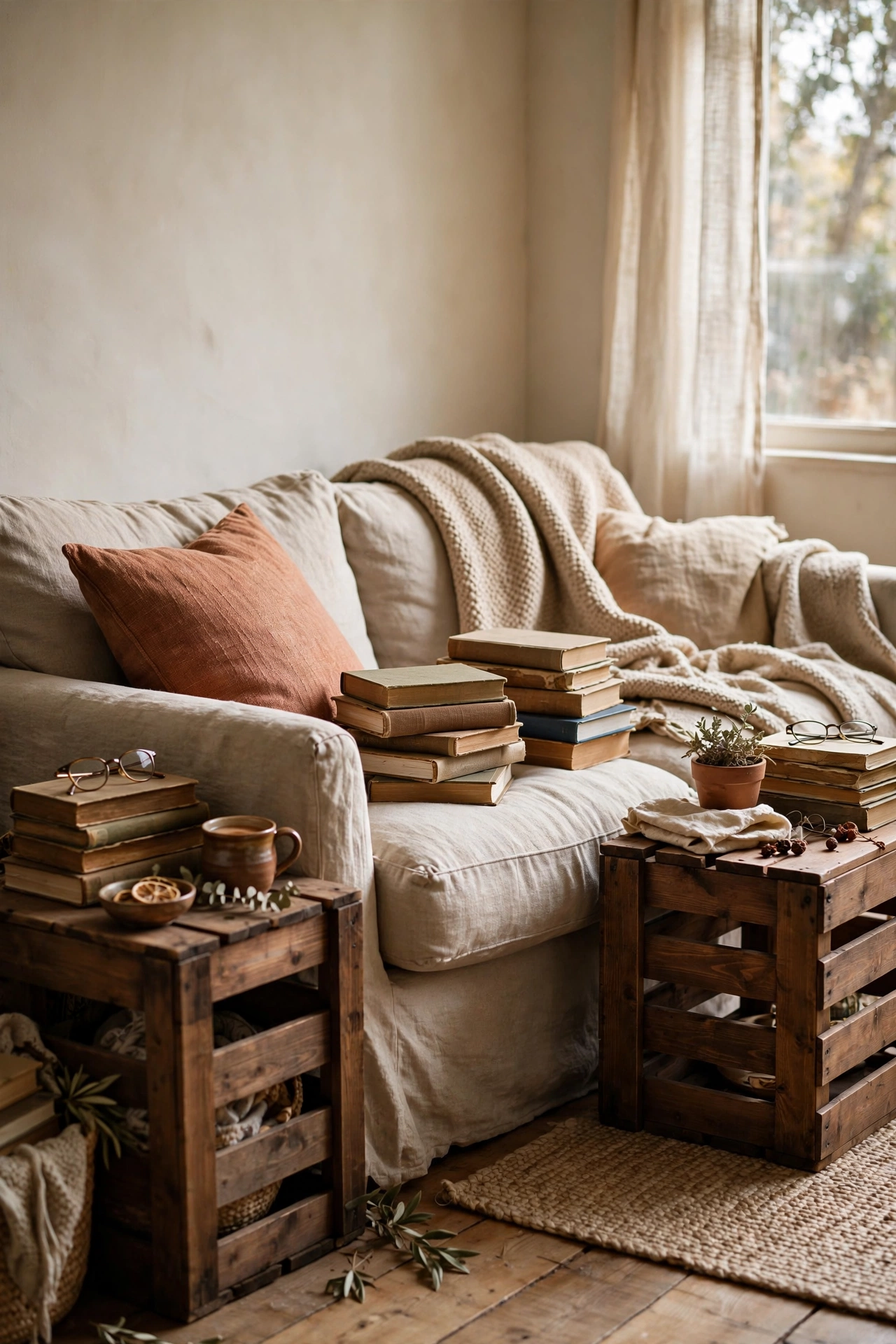 Wooden crates stained walnut used as side tables beside a sofa
