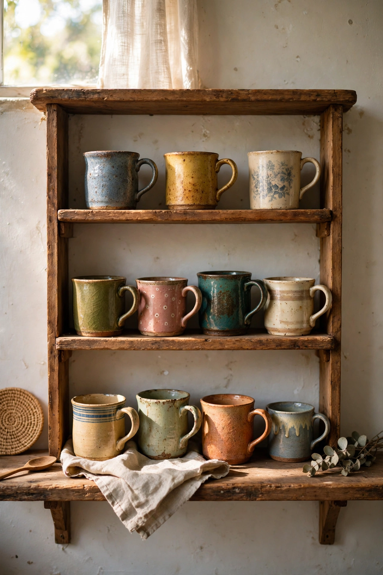 Open shelf displaying a collection of mismatched vintage mugs