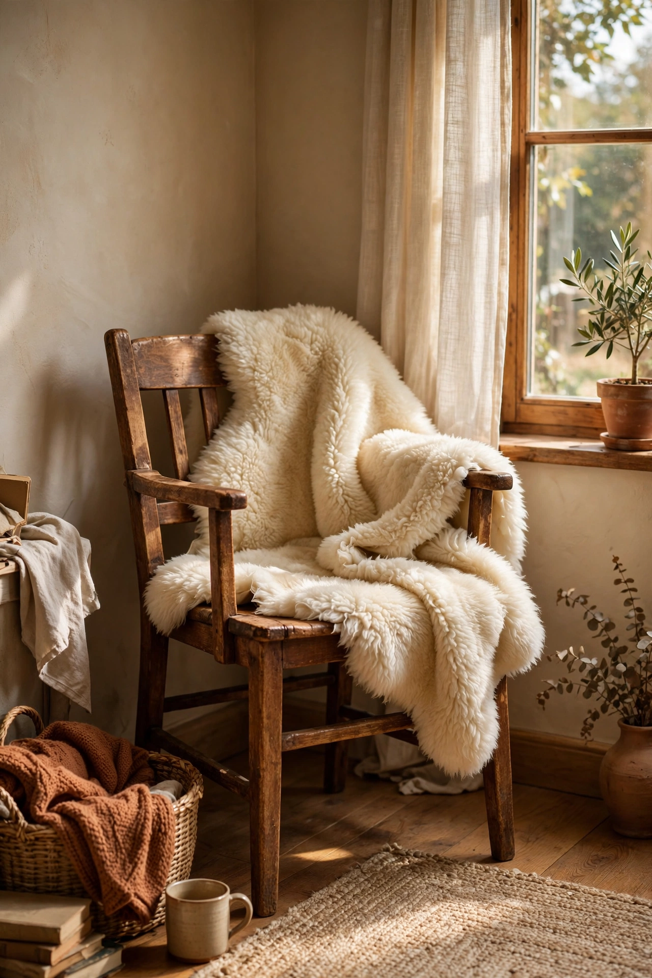 Faux sheepskin draped casually over a wooden chair in a living room