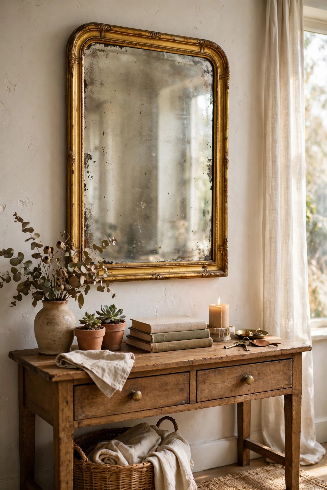 Gold framed antique style mirror with aged glass above a console table