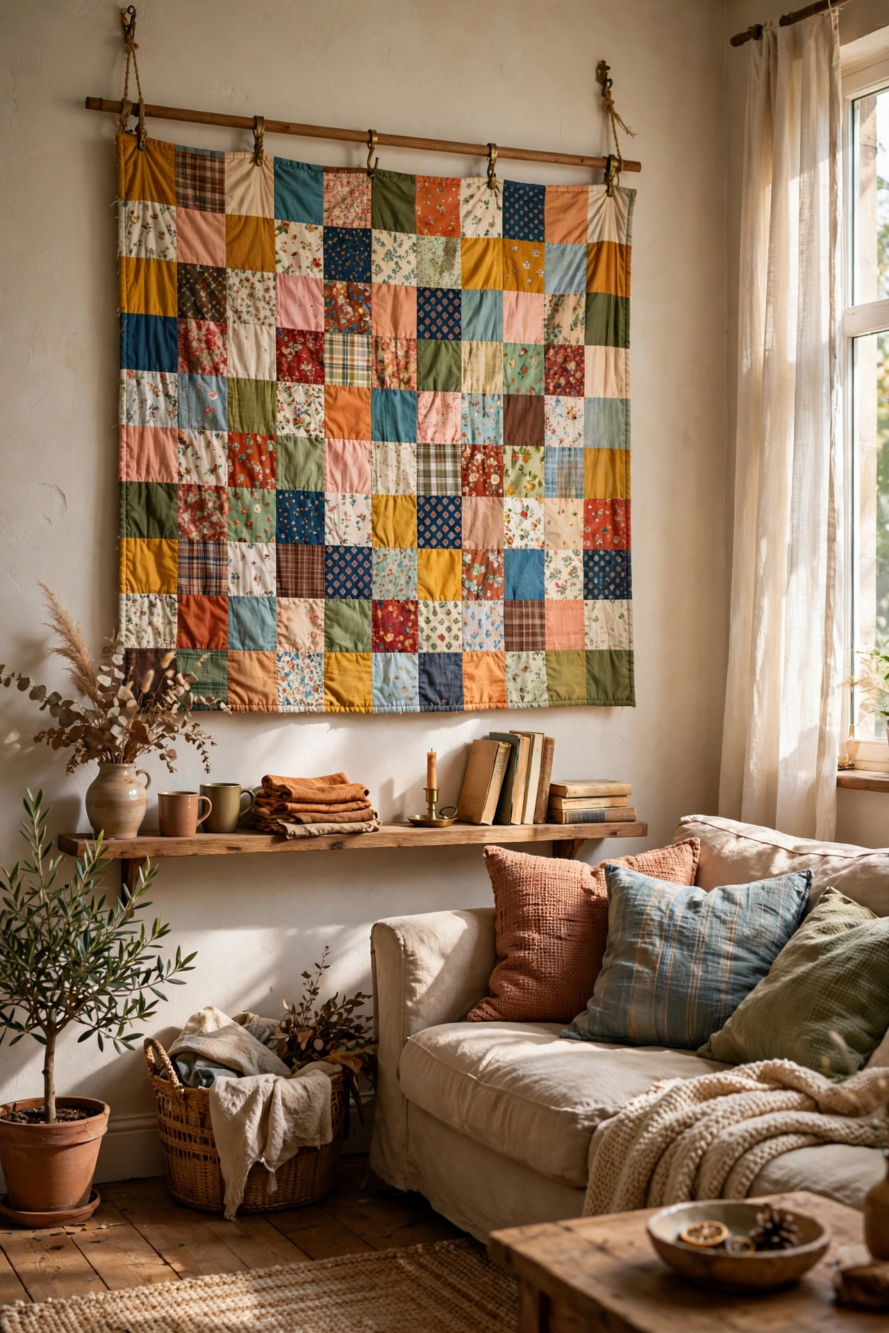Grandmother's patchwork quilt hung on a living room wall