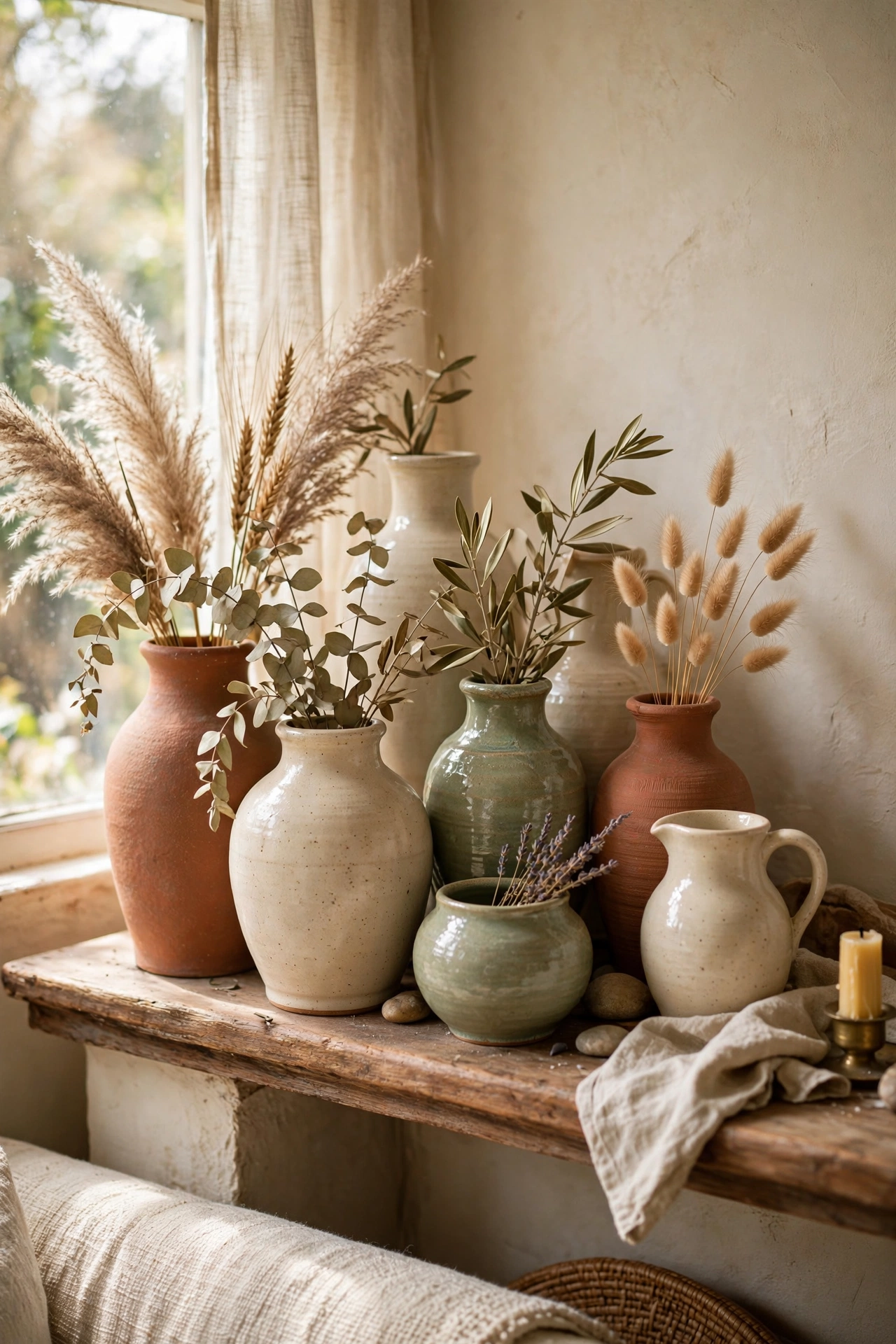 Cluster of thrifted ceramic vases in cream, sage and terracotta on a mantel