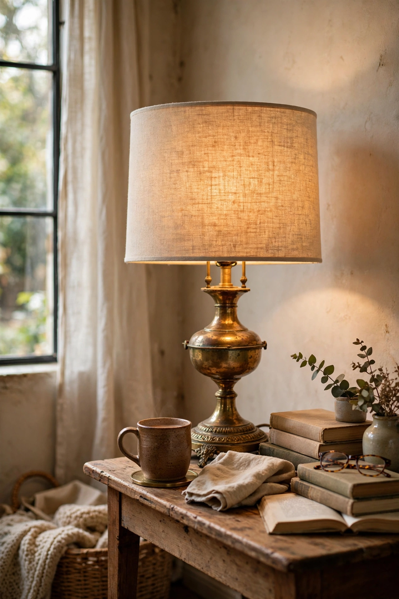 Vintage brass lamp base fitted with a new linen drum shade