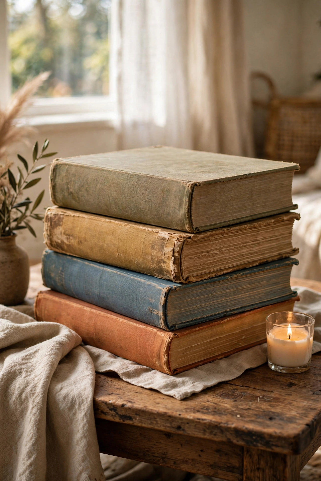 Stack of oversized thrifted art books on a coffee table with a candle