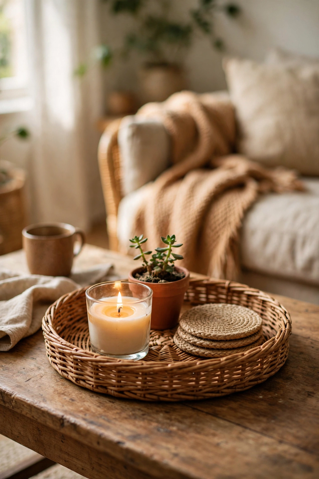 Round wicker tray styling a coffee table with candle and plant