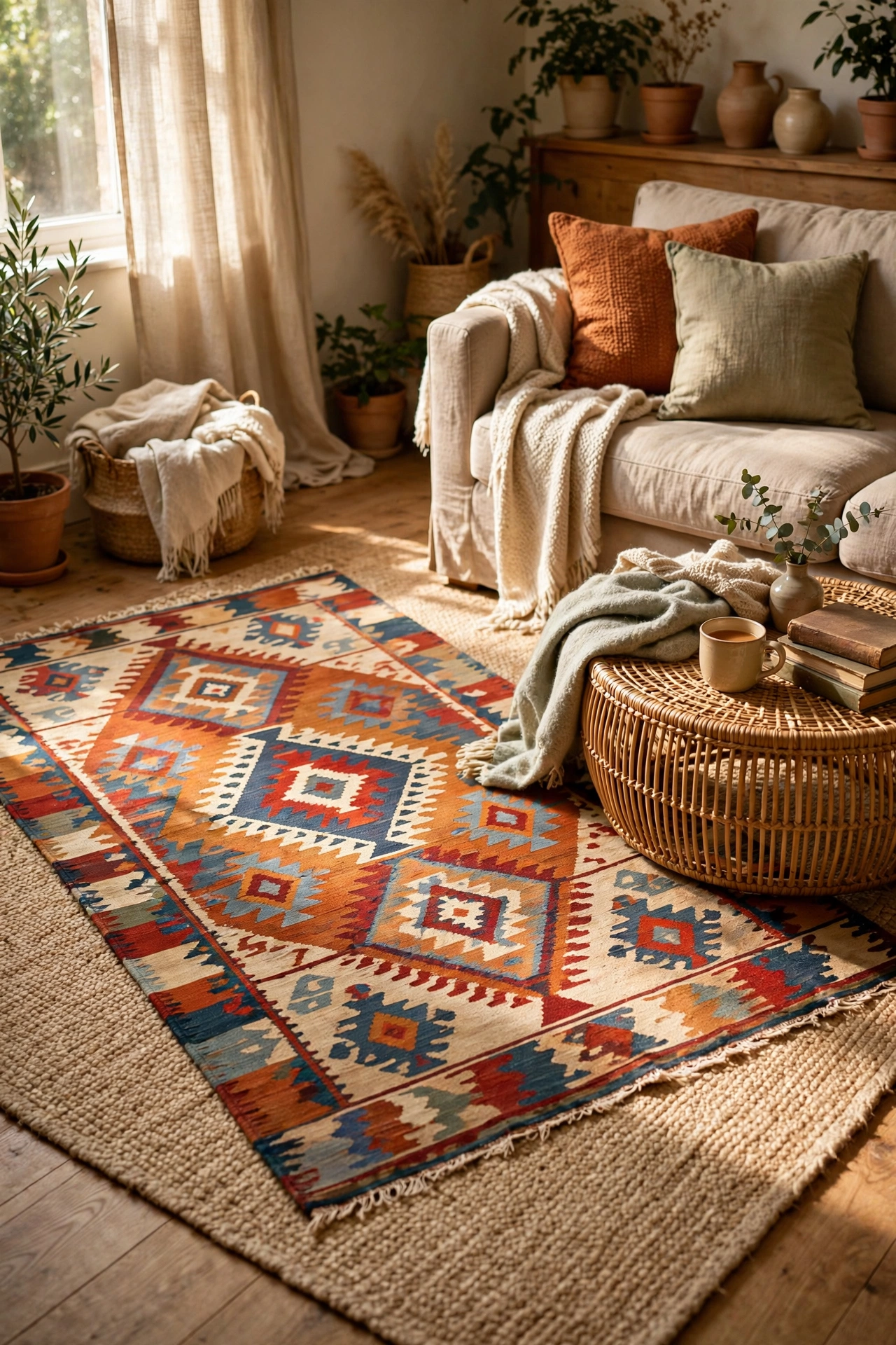Two layered rugs, a patterned kilim over a plain neutral rug