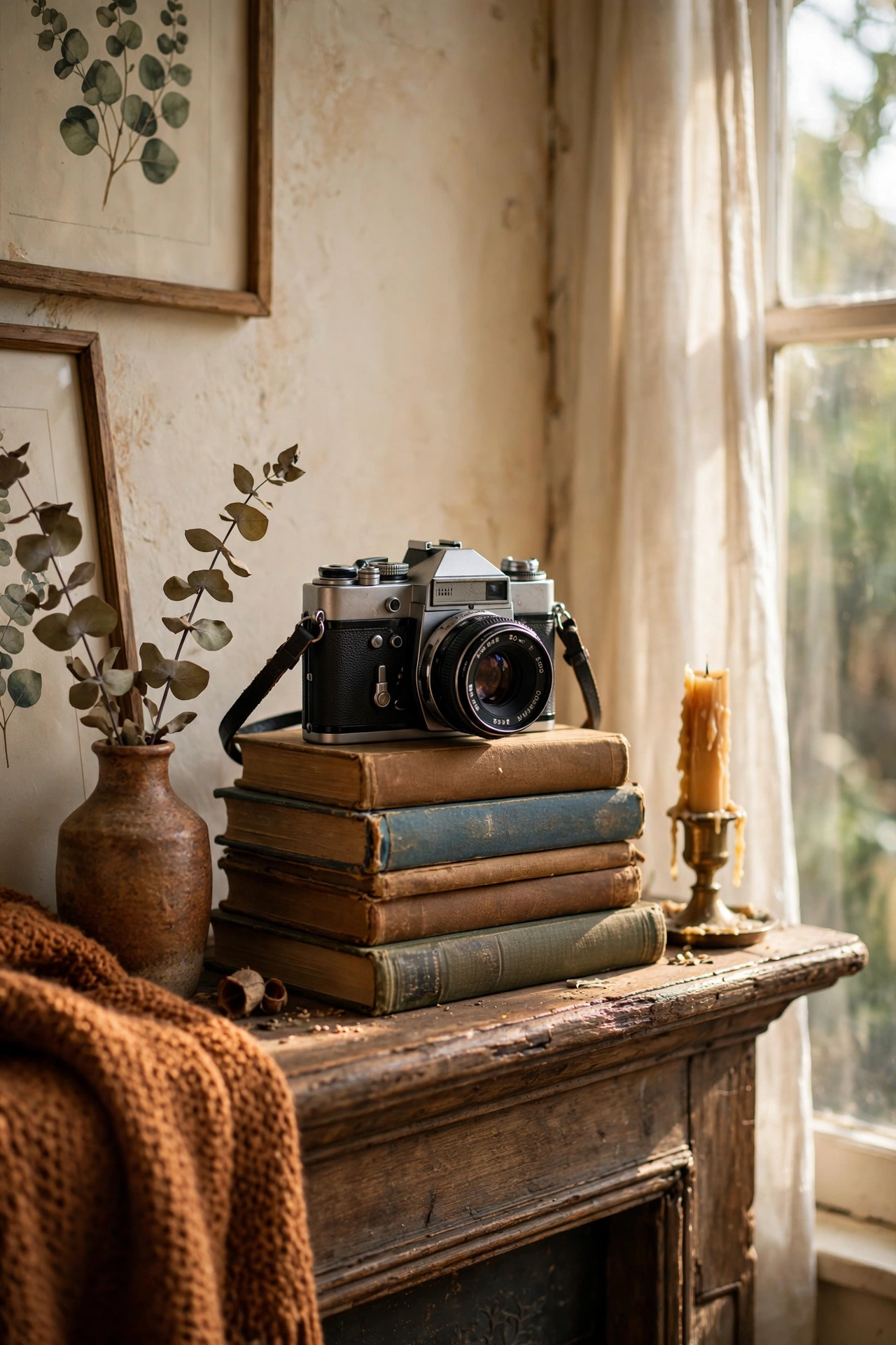 Grandfather's vintage camera displayed on books on a mantel