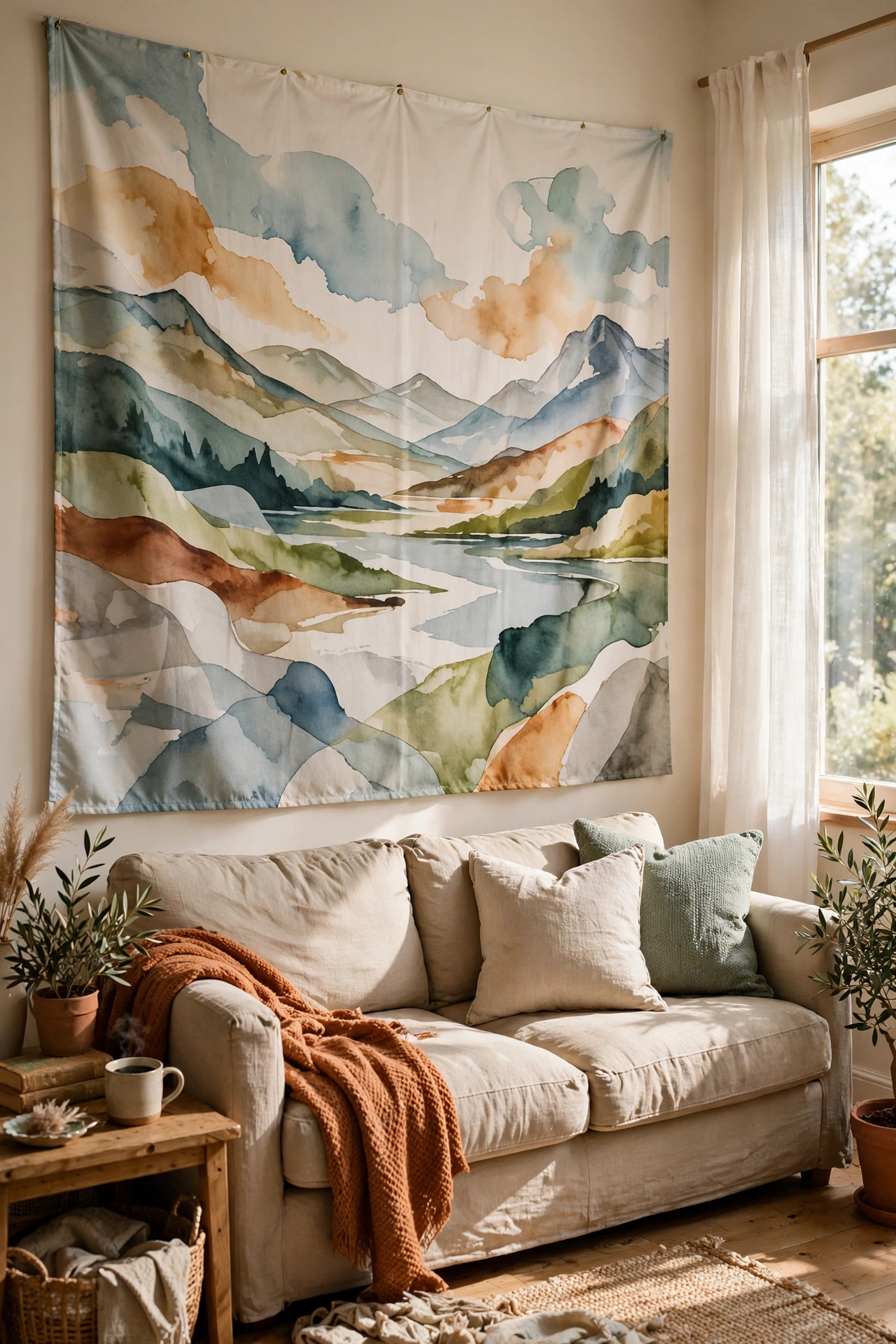 Fabric shower curtain stretched as oversized abstract wall art above a sofa