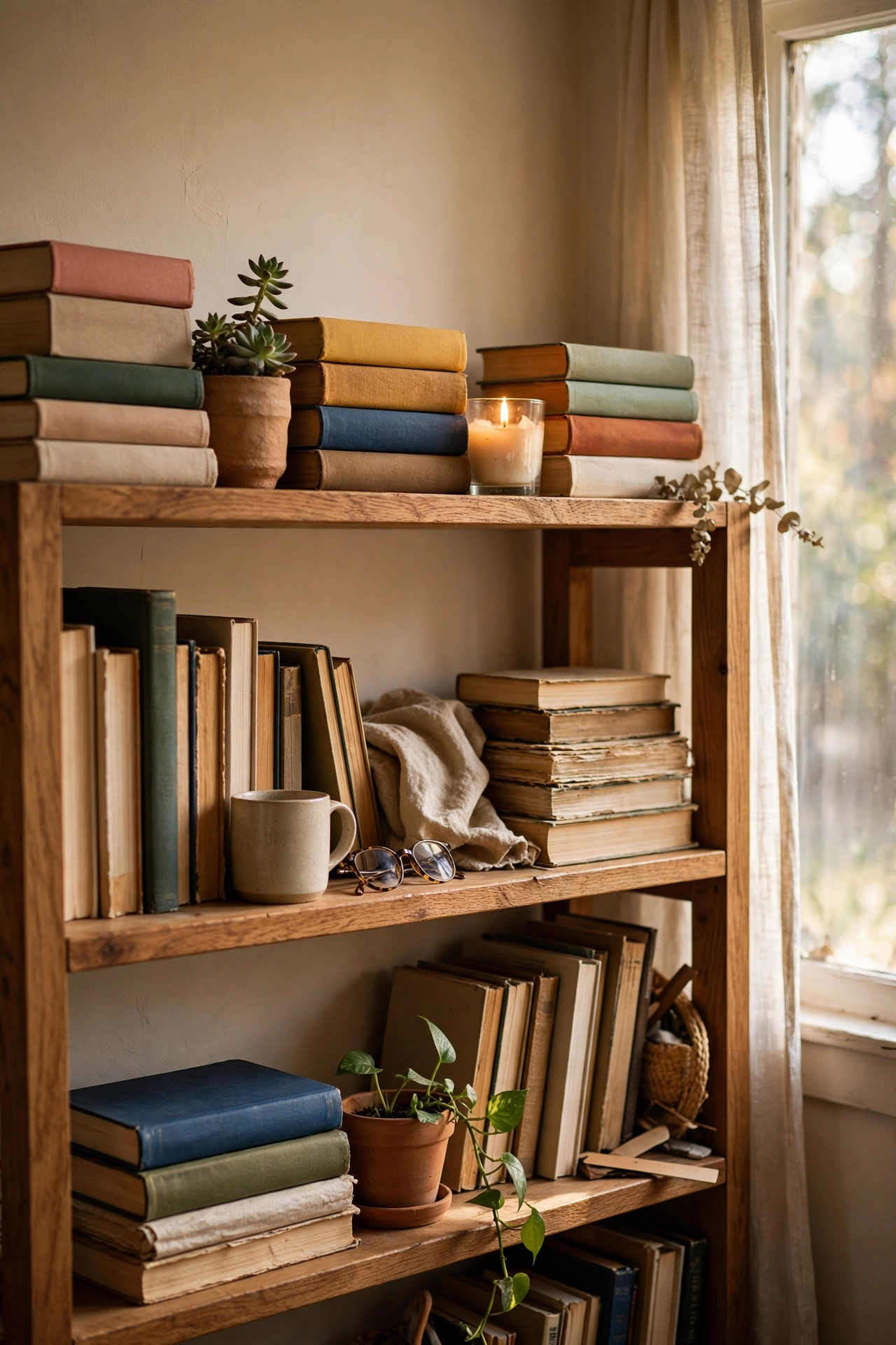 Bookshelf styled in groups of three with books, candle and plant