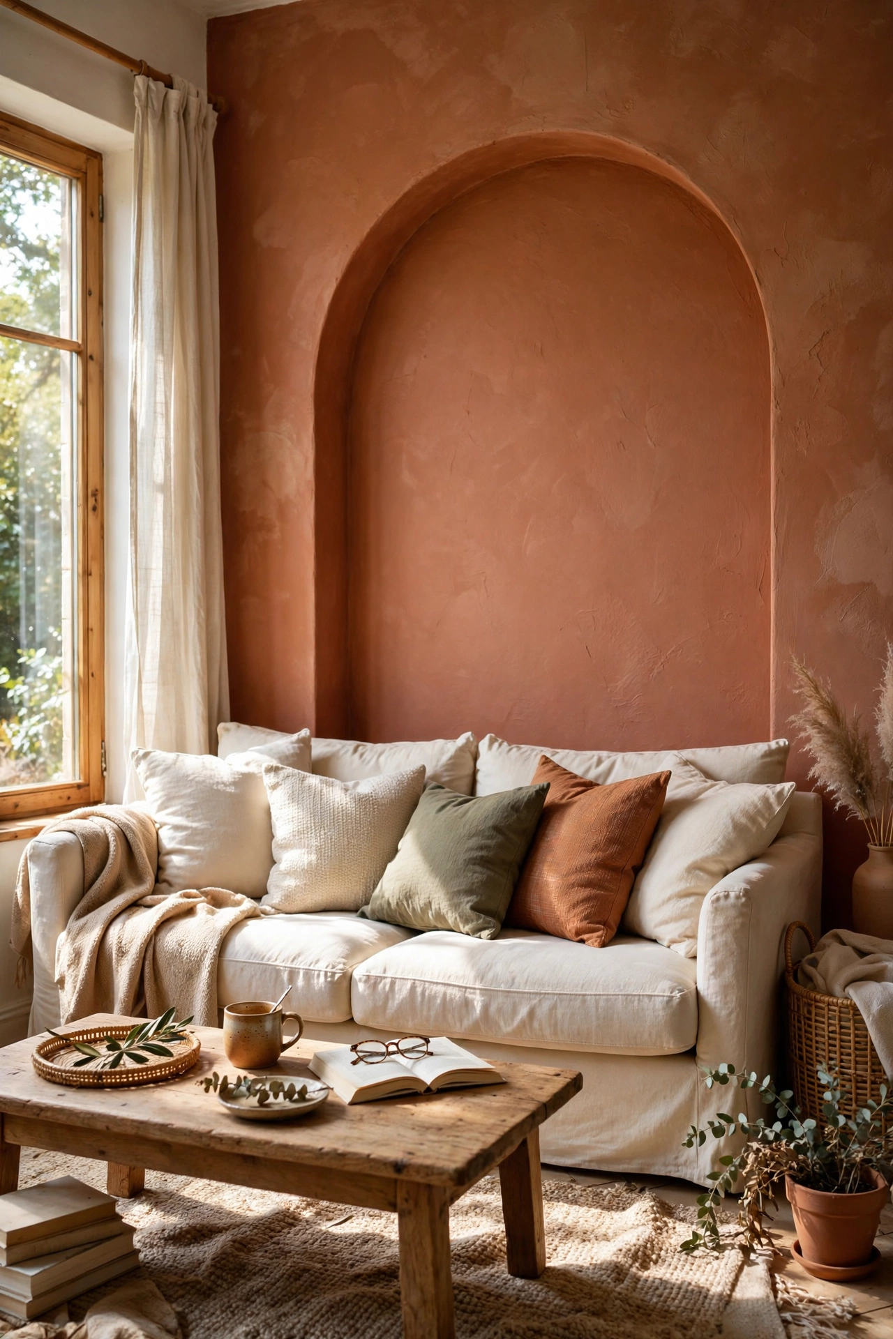 Terracotta painted arch on the wall behind a cream sofa