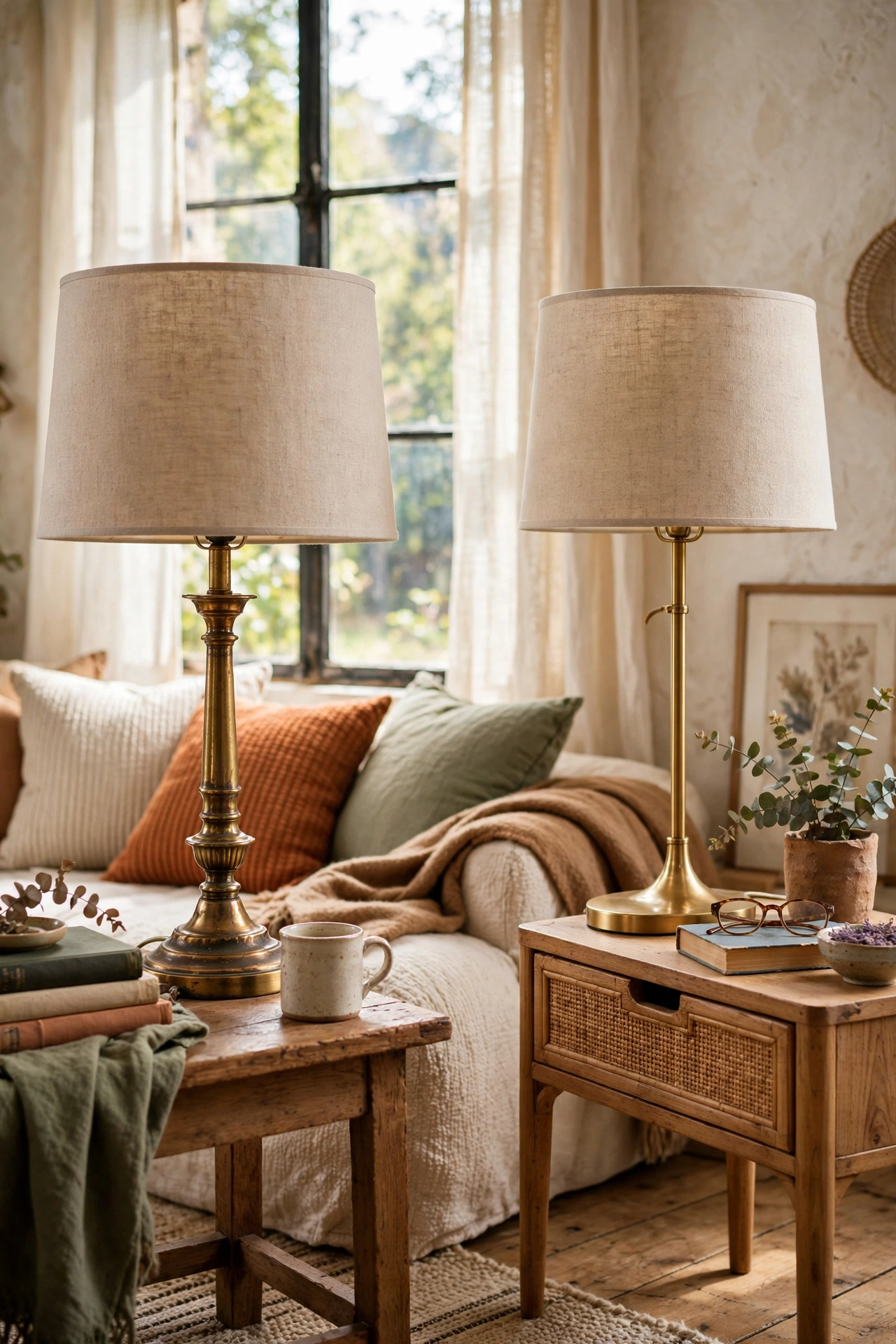 Two mismatched brass table lamps with identical linen shades