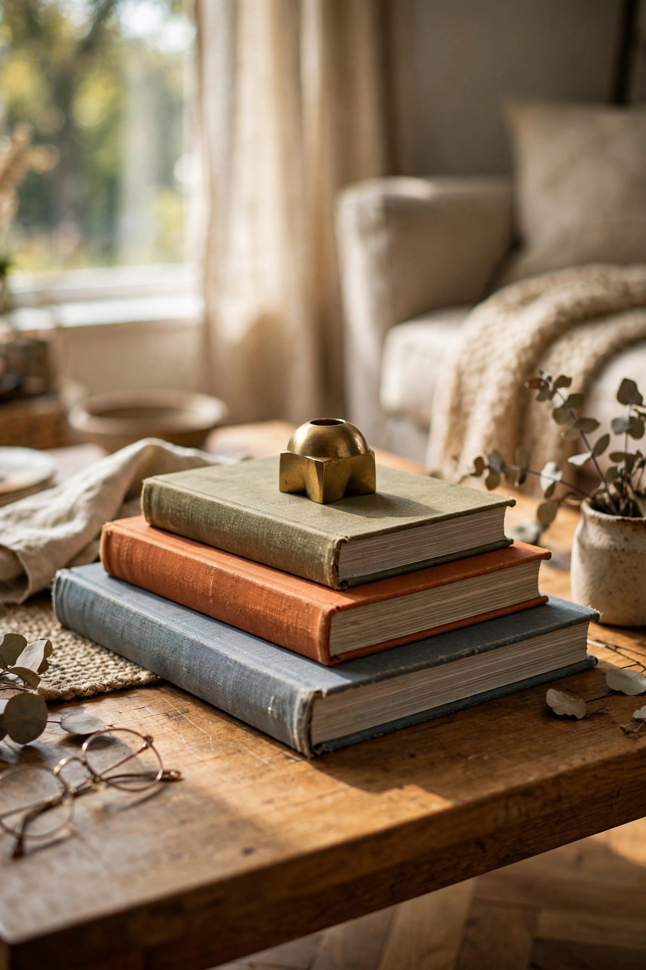 Coffee table styled with stacked art books and a small brass object
