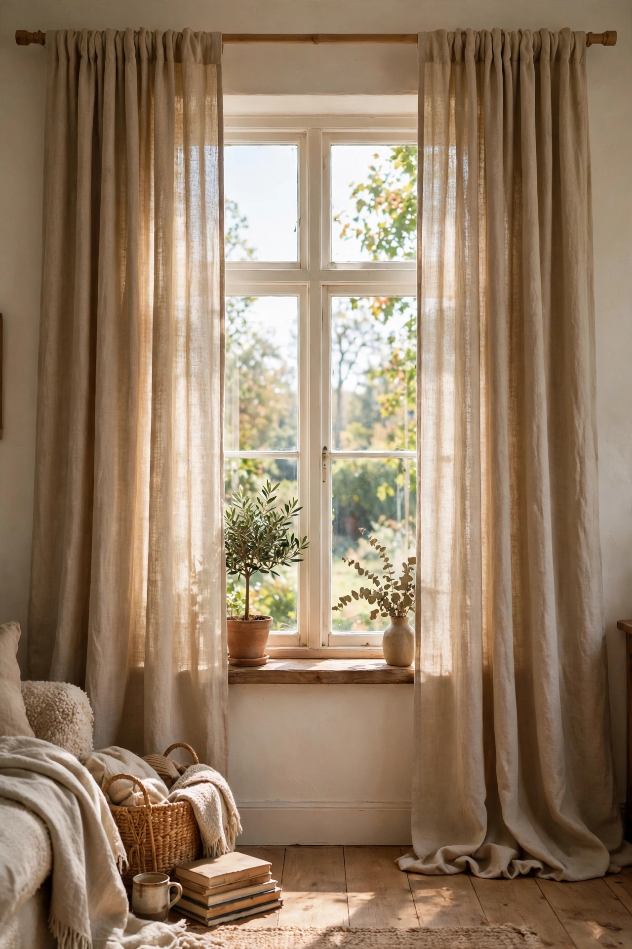 Floor length linen look curtains hung high and wide on a window