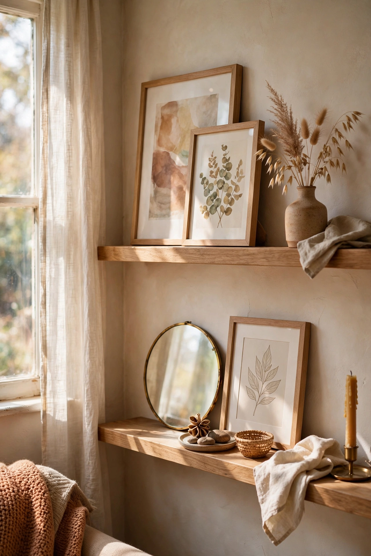 Wooden picture ledges holding layered frames and a small mirror