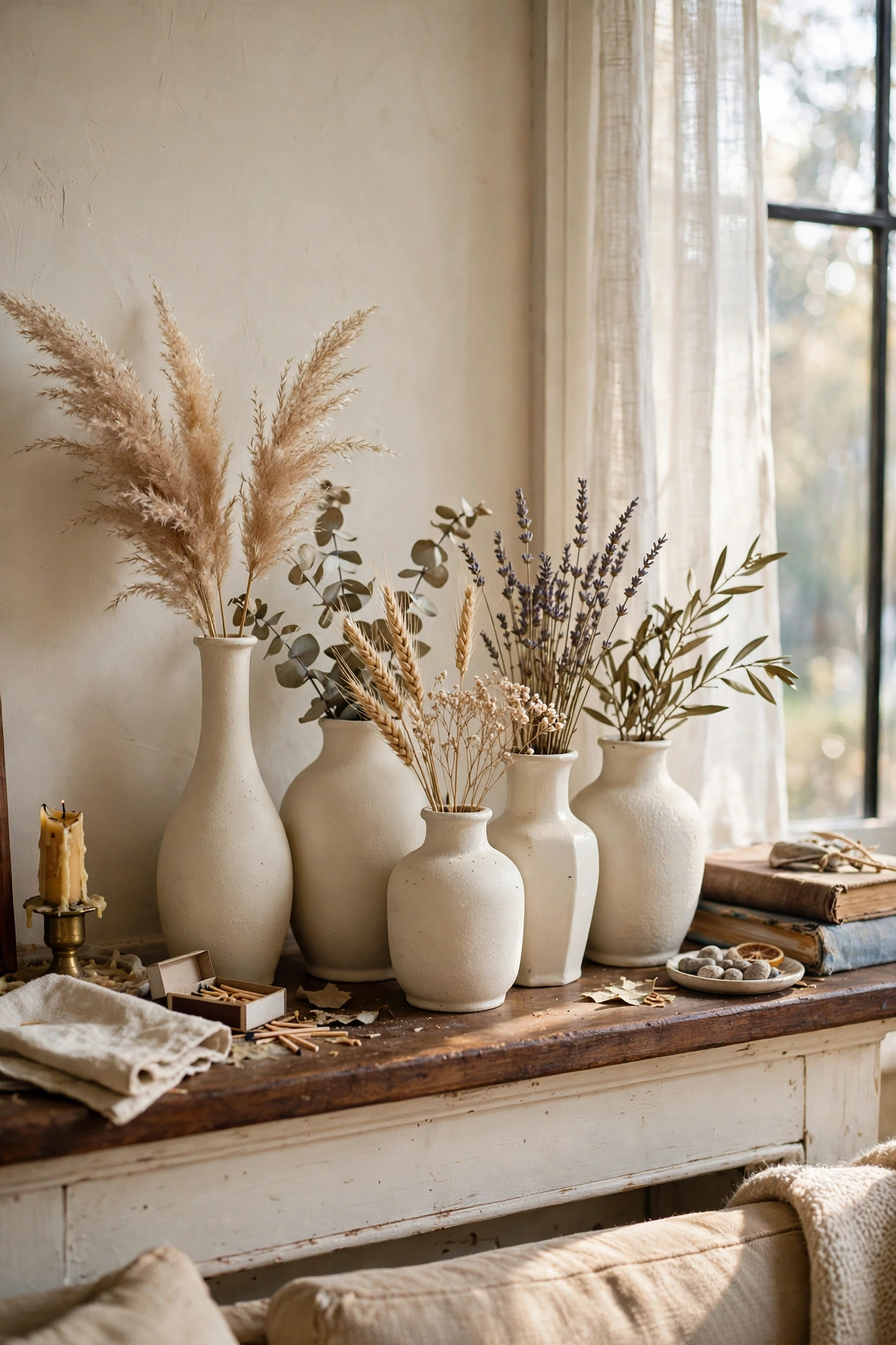 Thrifted vases spray painted matte cream grouped on a mantel