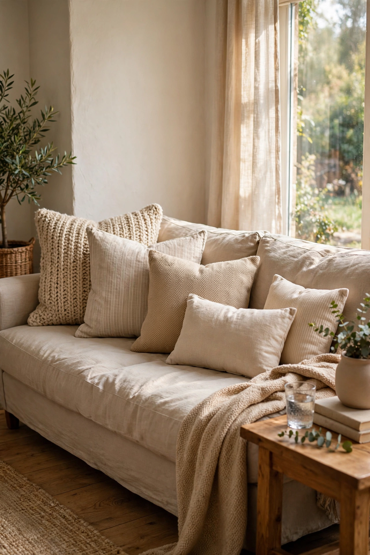 Sofa styled with five pillows in the two-two-one designer formula