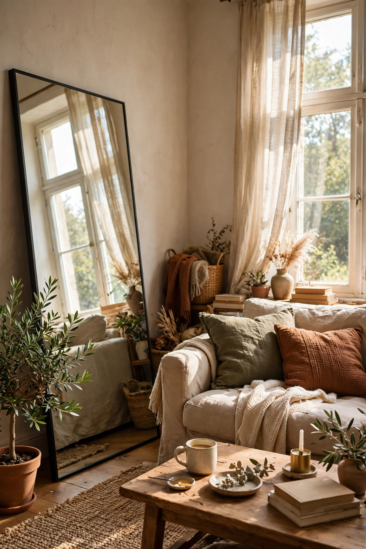 Large leaning mirror opposite a window doubling the natural light