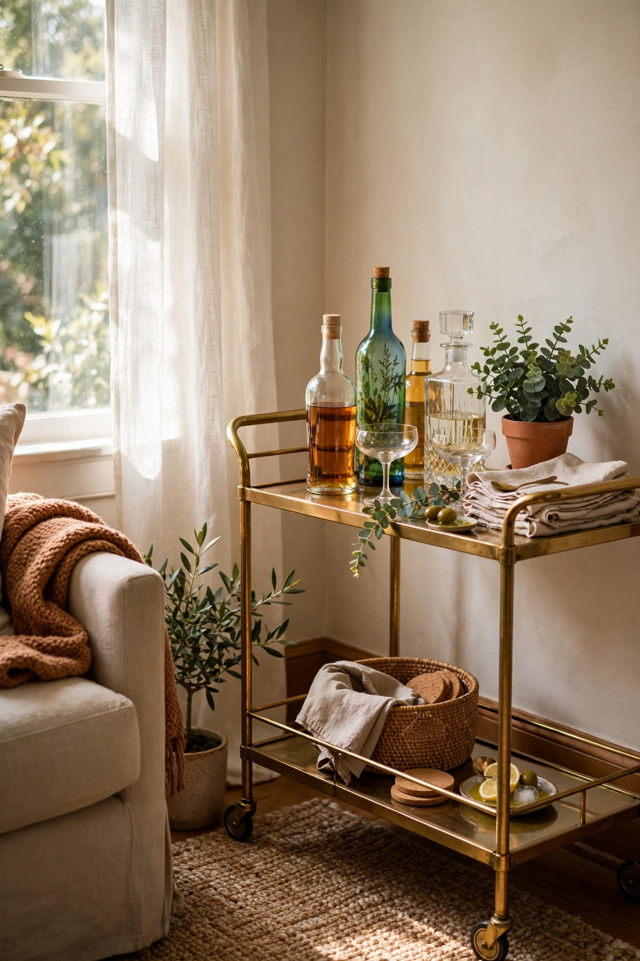 Brass bar cart styled with bottles, plant and napkins in a corner
