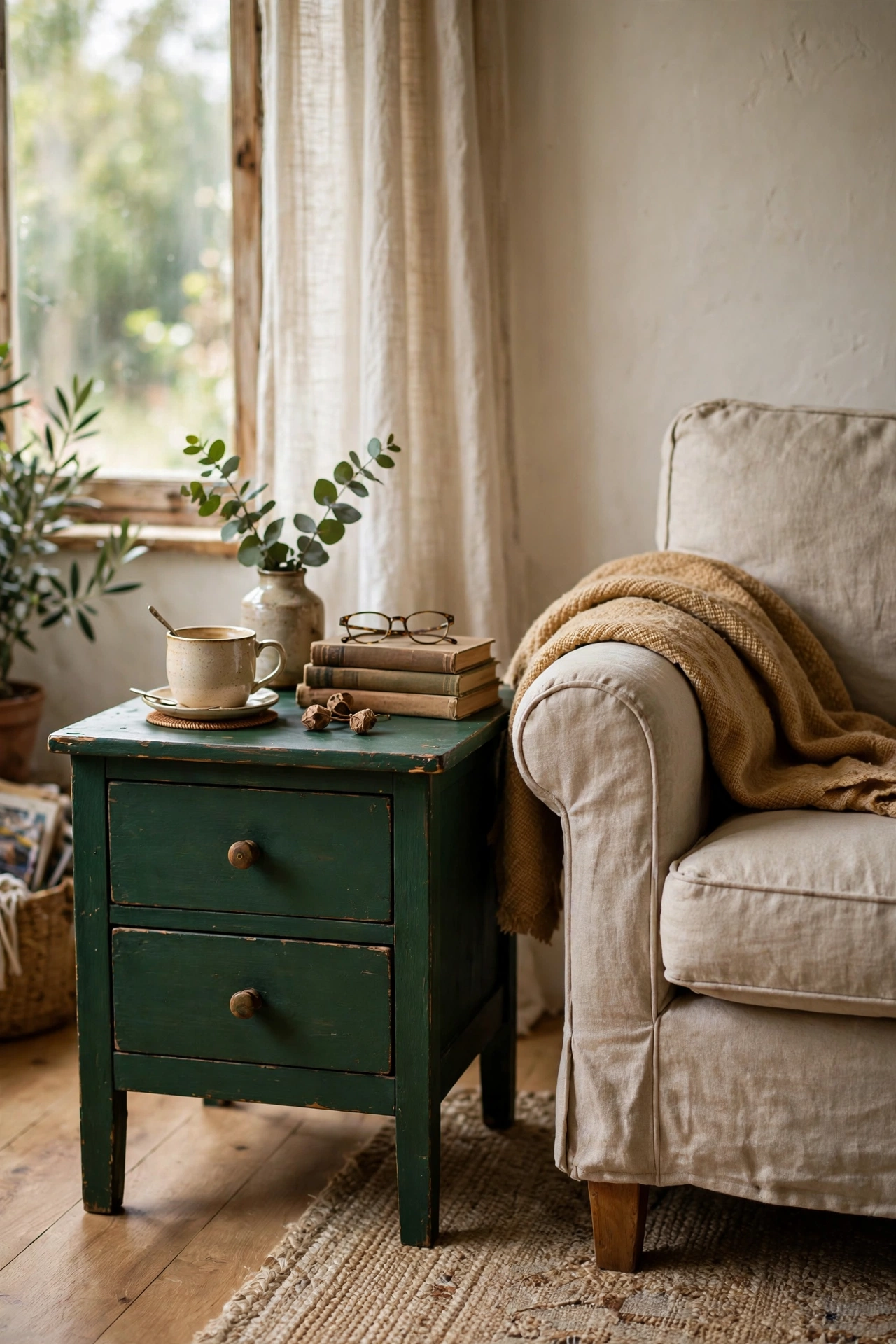 Thrifted side table painted deep forest green beside an armchair