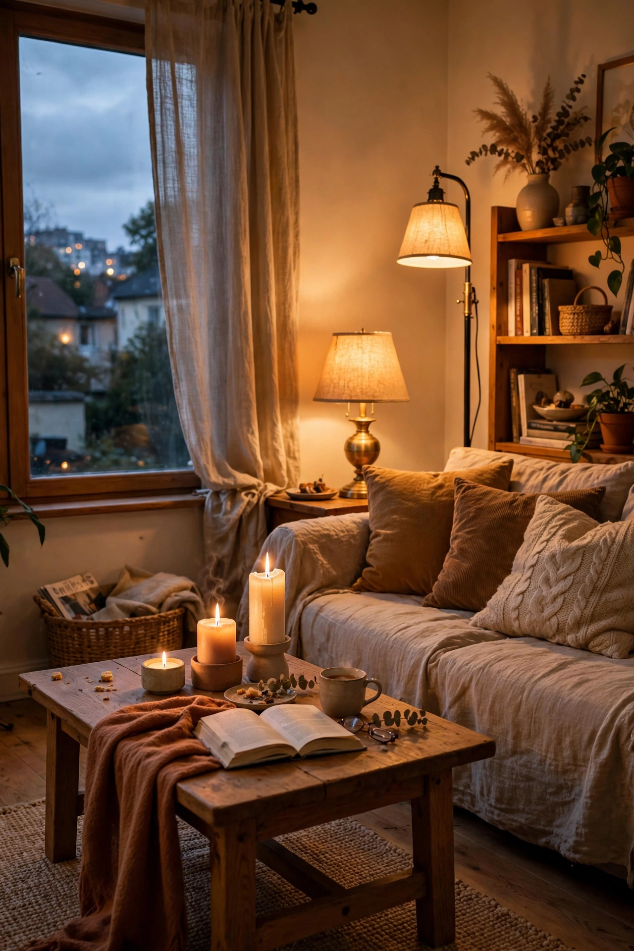 Living room glowing with layered lamps at three different heights