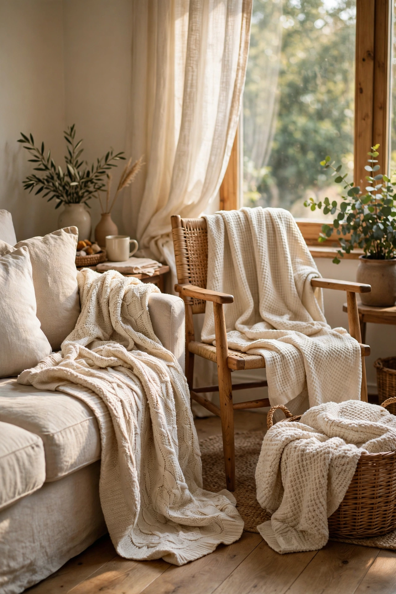 Three textured throws in cream tones draped around a living room