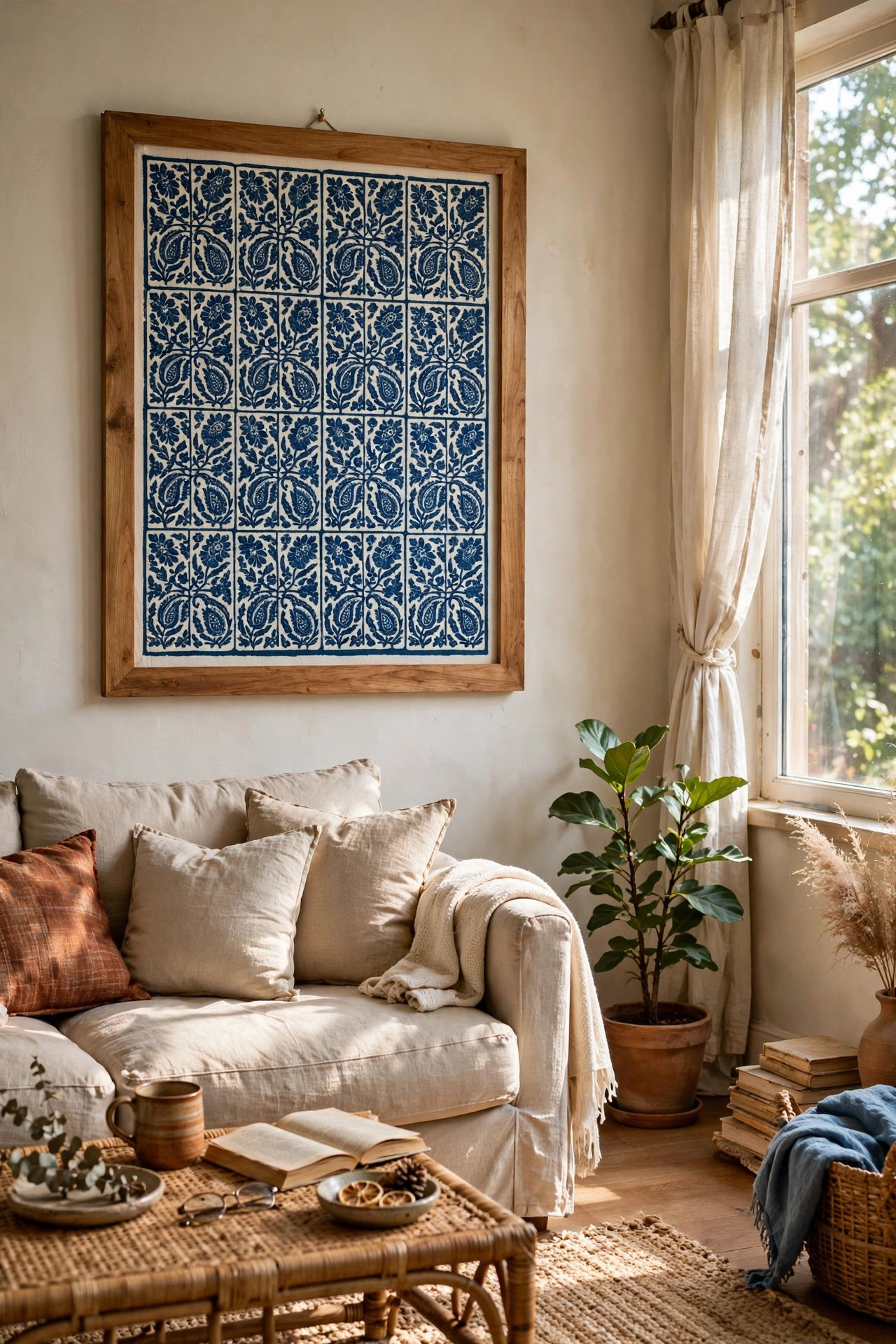 Block print fabric stretched in a frame as textile wall art