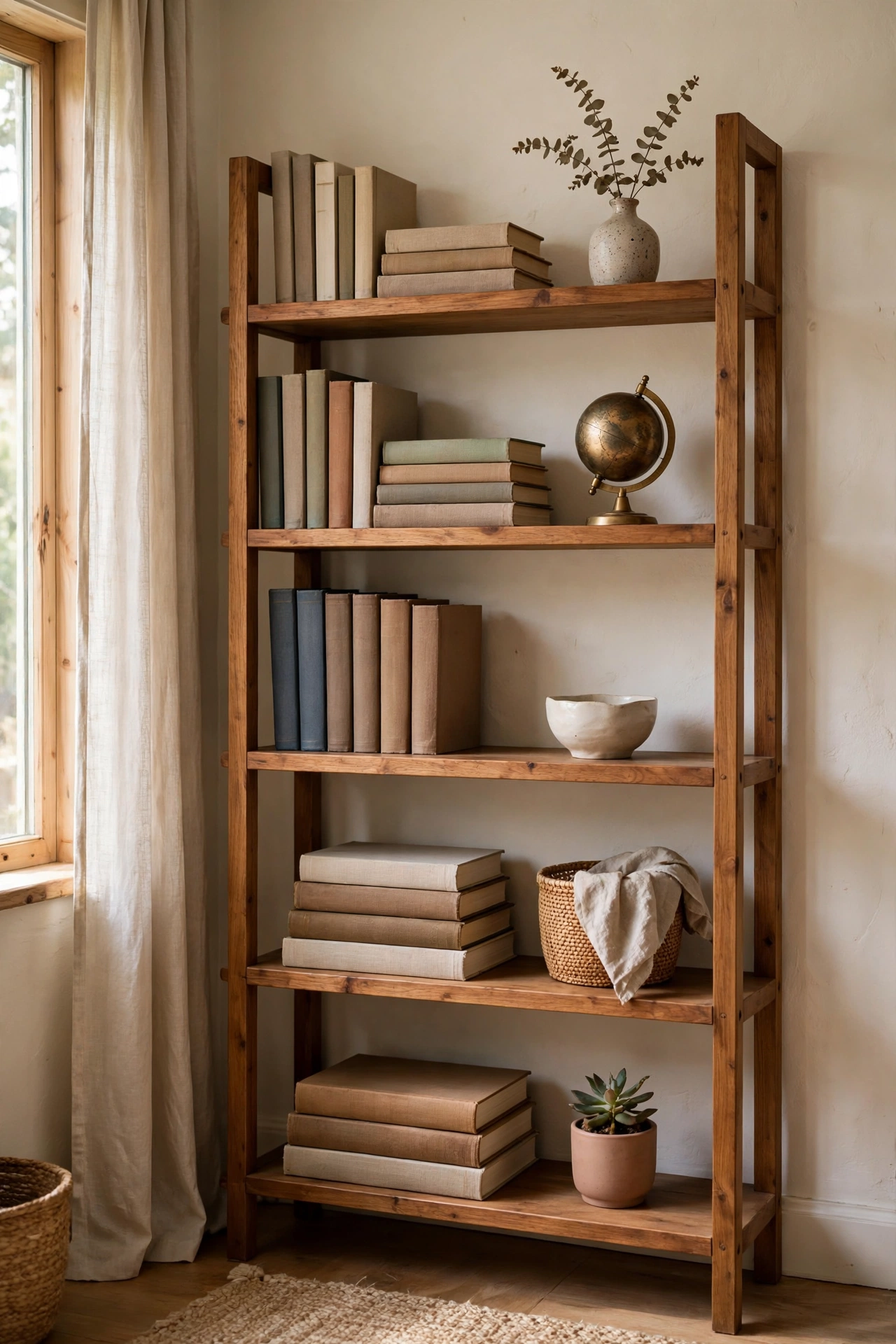 Edited bookshelf with breathing room, books grouped by size with objects