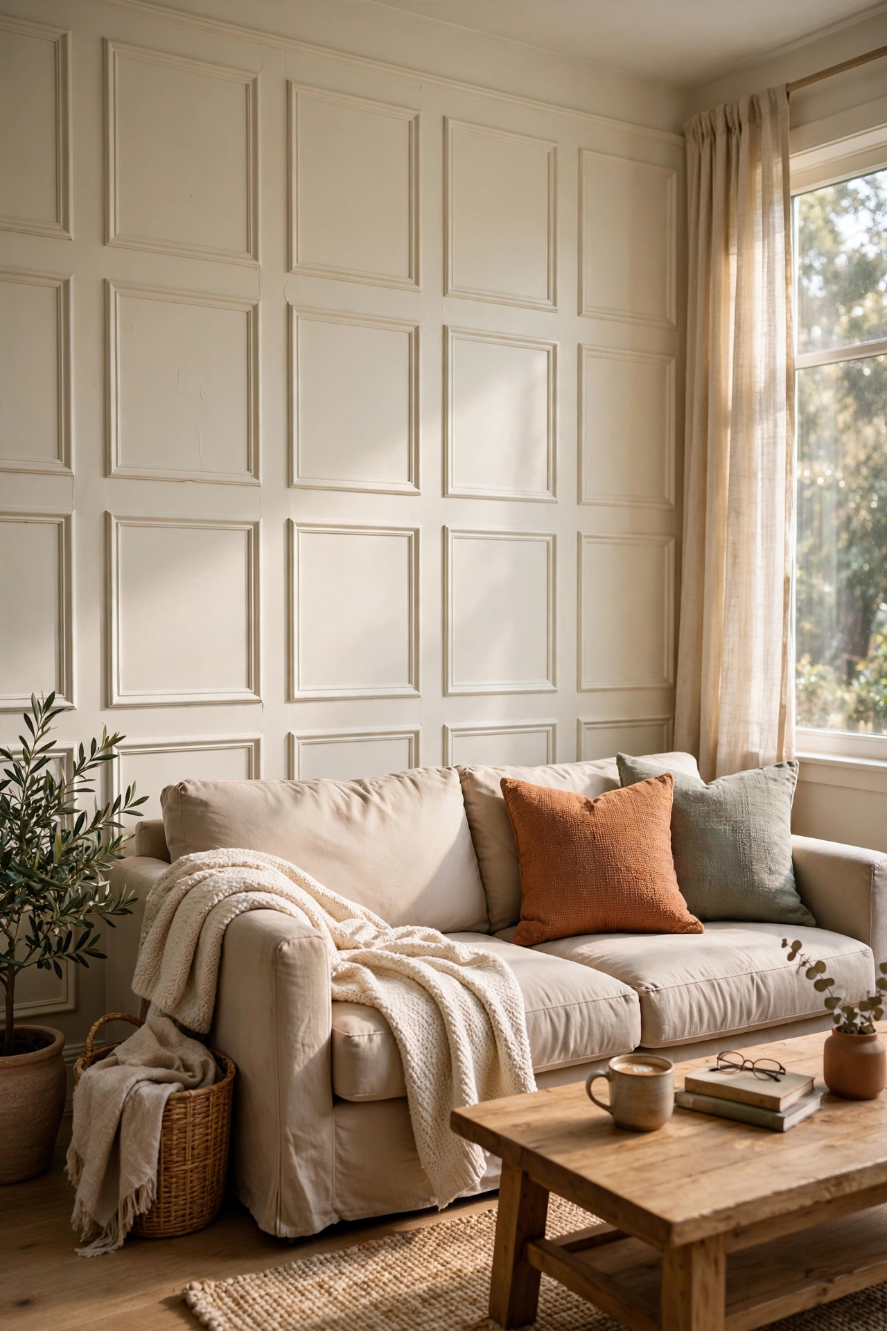 Peel and stick wall moulding panels behind a sofa painted wall colour