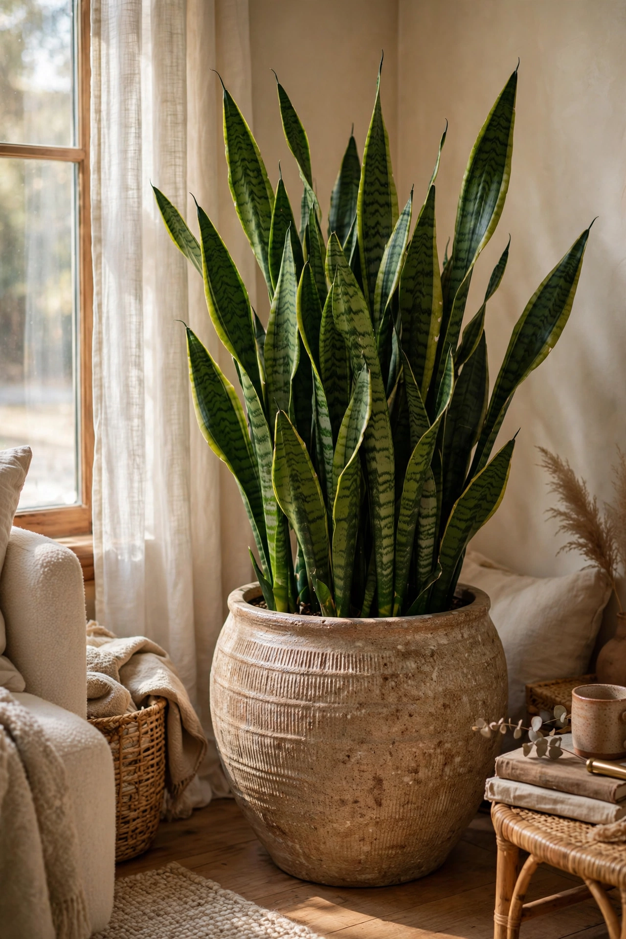 Large snake plant in a beautiful ceramic pot in a living room corner