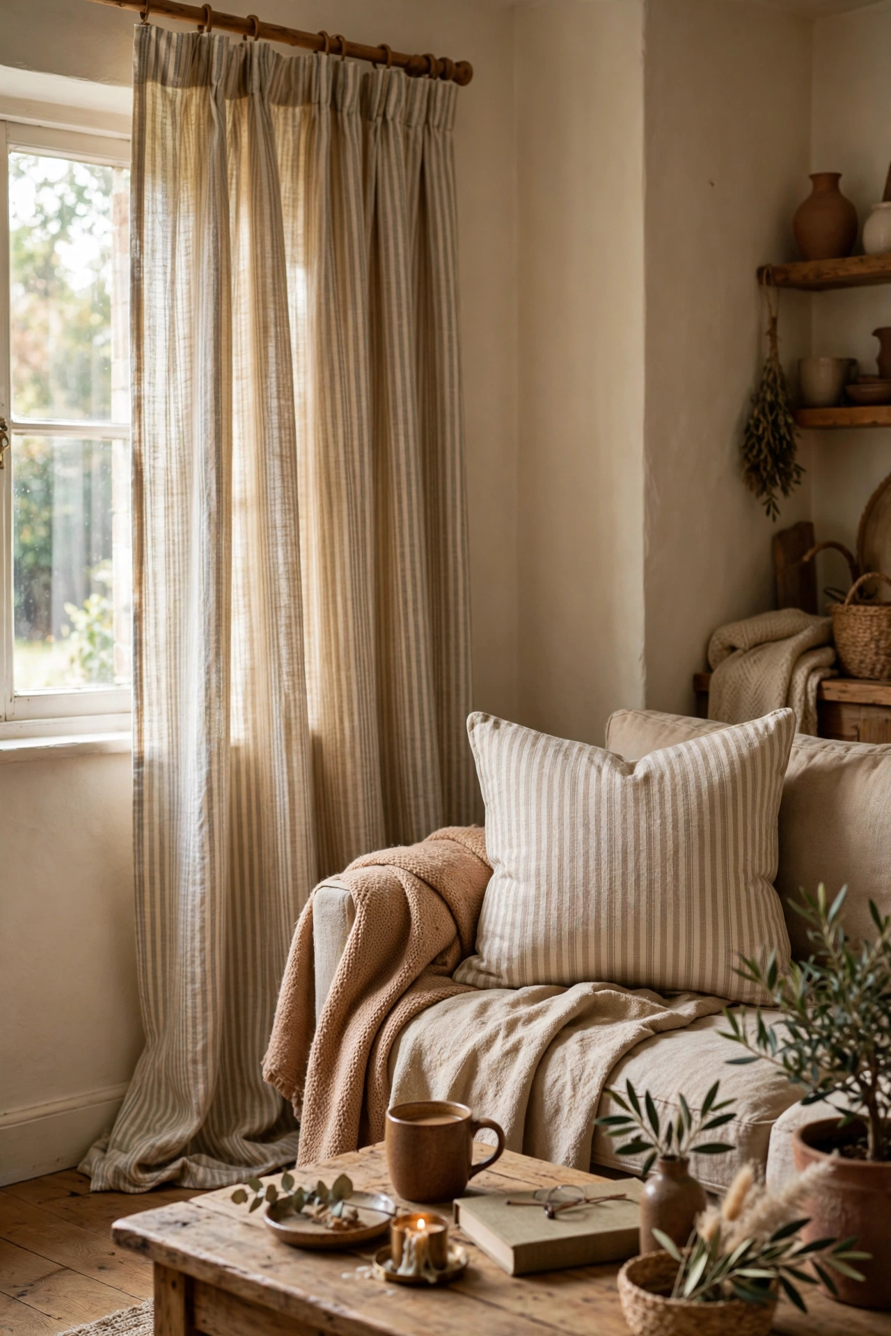 Curtains and a matching throw pillow in the same subtle stripe fabric