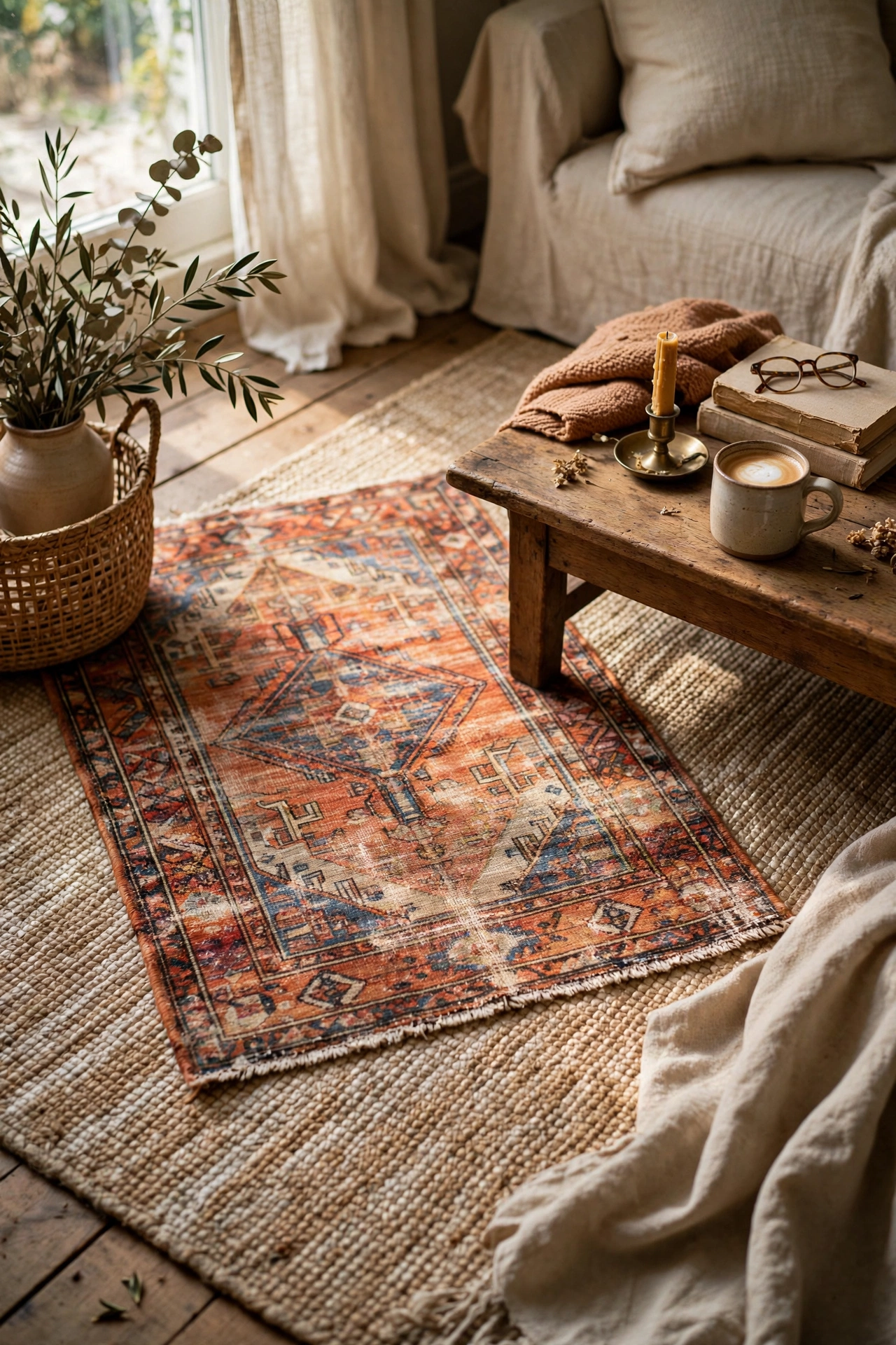 Small distressed vintage style rug layered over a larger neutral rug