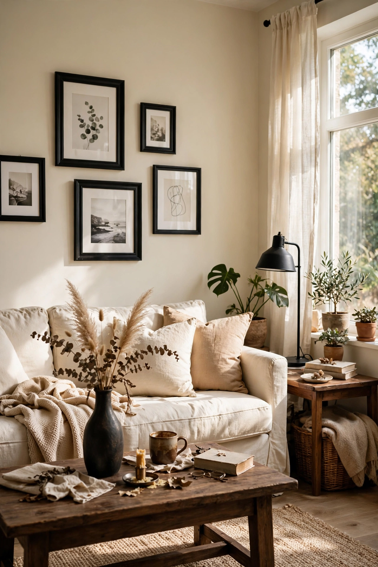 Cream living room grounded with black frames, vase and lamp accents