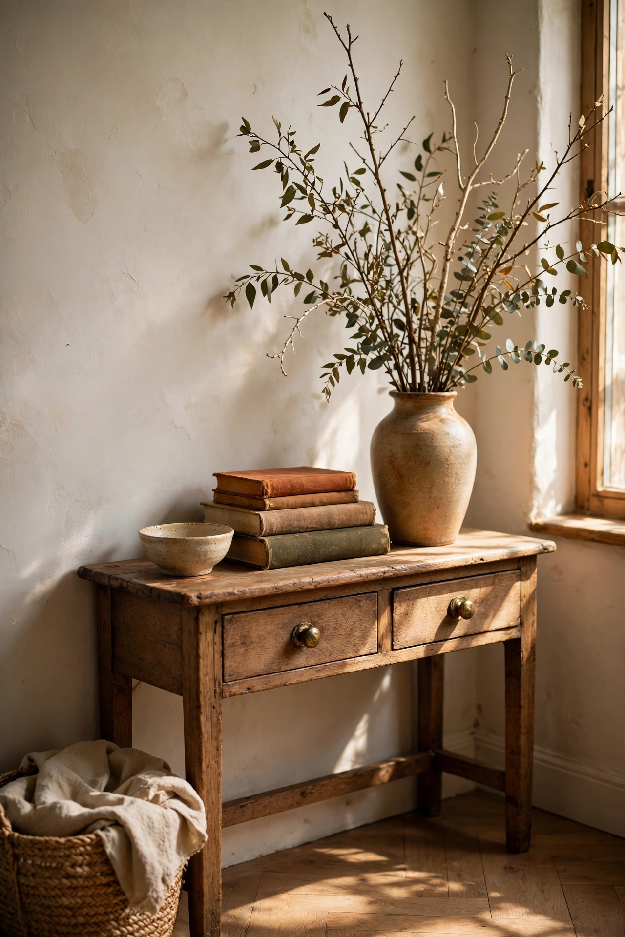Entry console styled as a vignette with tall vase, books and key bowl