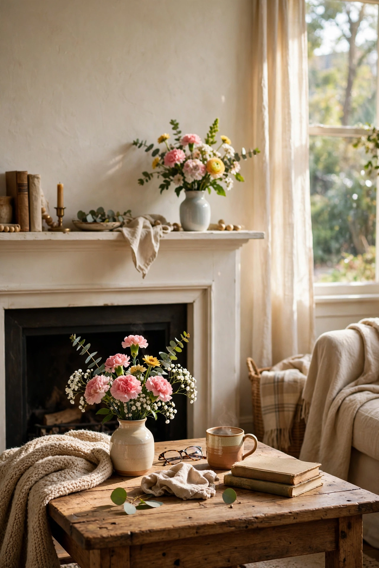 Grocery store bouquet split between two small vases on coffee table and mantel
