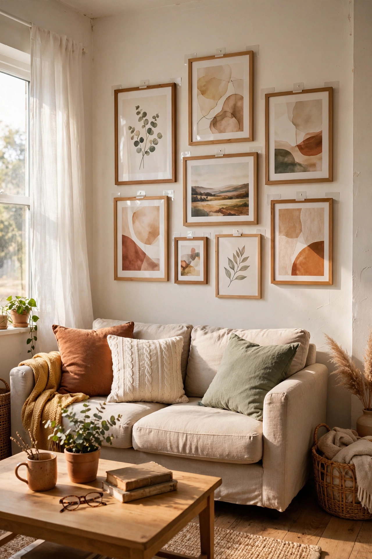 Gallery wall hung with adhesive strips above a sofa in a rental living room