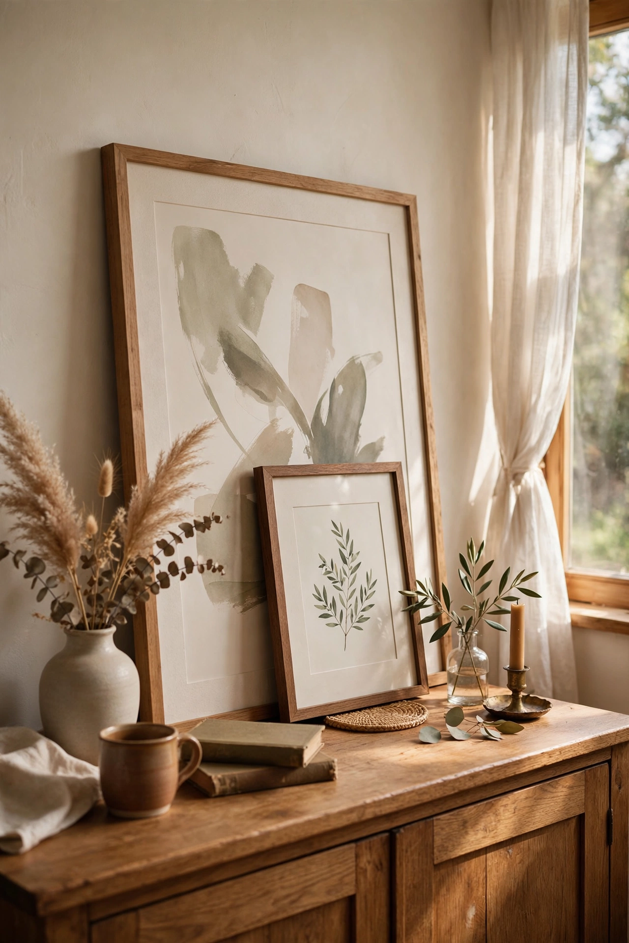 Large framed print leaning against the wall on a wooden sideboard